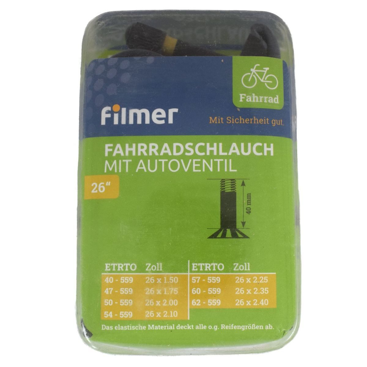 Filmer Fahrradschlauch Fahrradschlauch mit Autoventil in verschiedenen Größen, 26 Zoll, mit Autoventil
