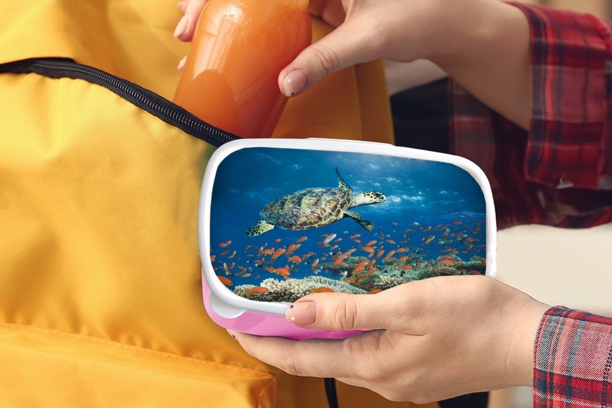 MuchoWow Lunchbox Korallenriff für Kinder, Kunststoff Kunststoff, mit Brotbox (2-tlg), Mädchen, rosa Schildkröte, Erwachsene, Brotdose Snackbox