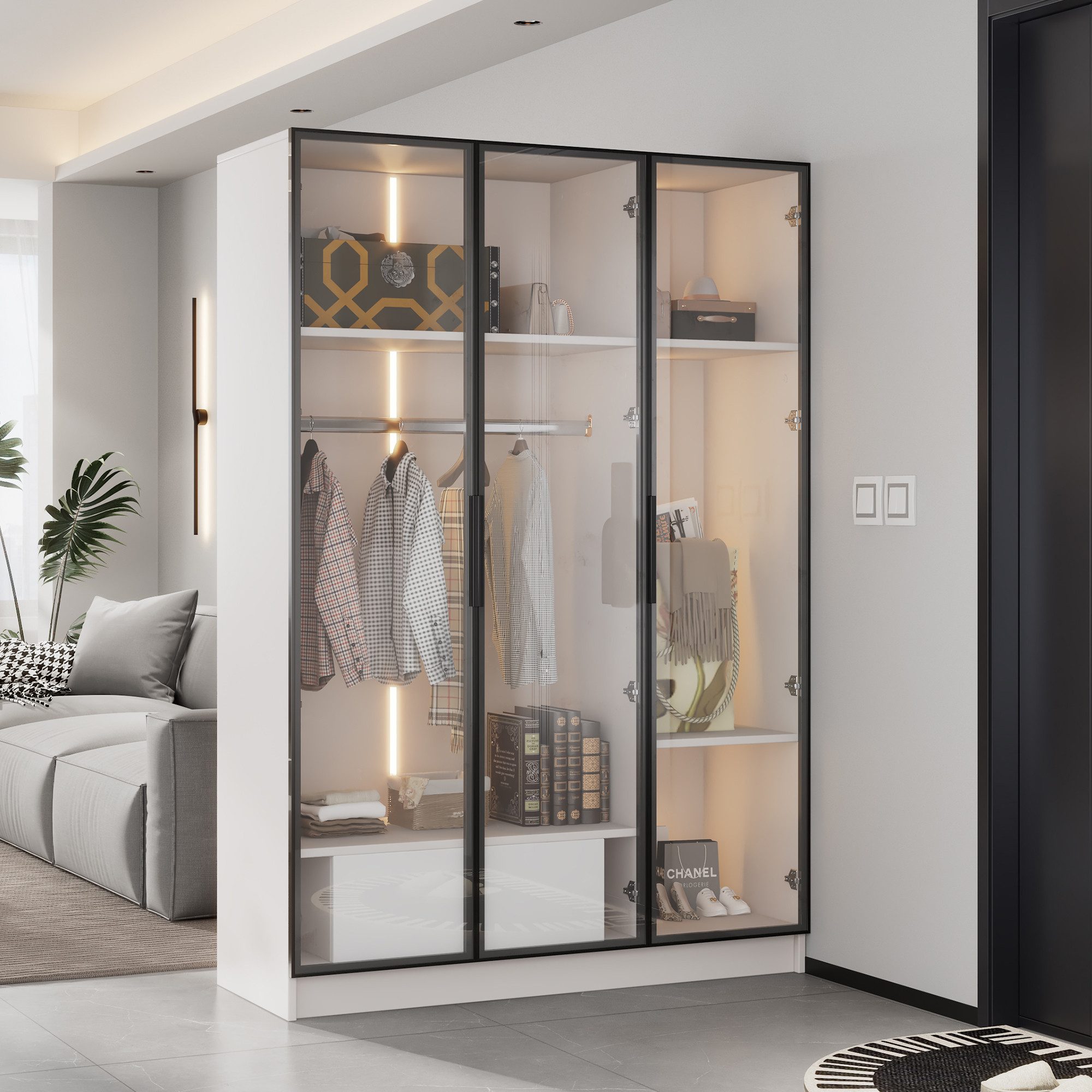 HAUSS SPOLE Kleiderschrank mit 3 Glastüren, 1 Schublade und 1 Kleiderstange günstig online kaufen