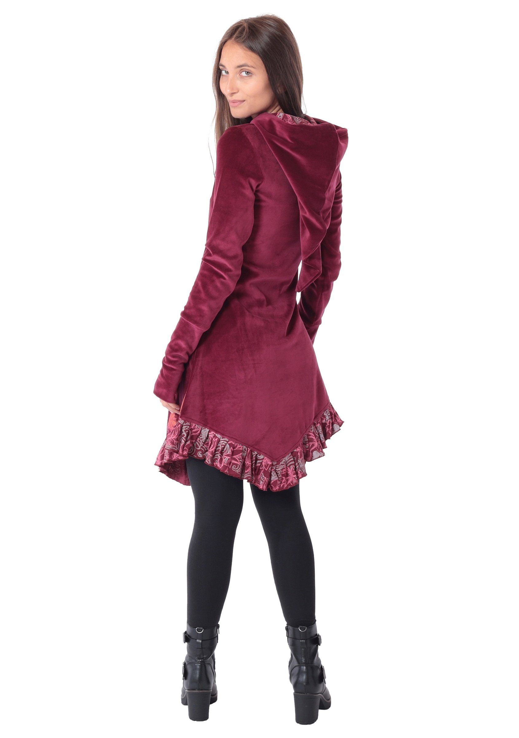 PUREWONDER Samtkleid Elfenkleid mit Zipfelkapuze und Blumen Baumwollsamt Kleid Nr. 15 Rot S Goa Kleid aus Samt