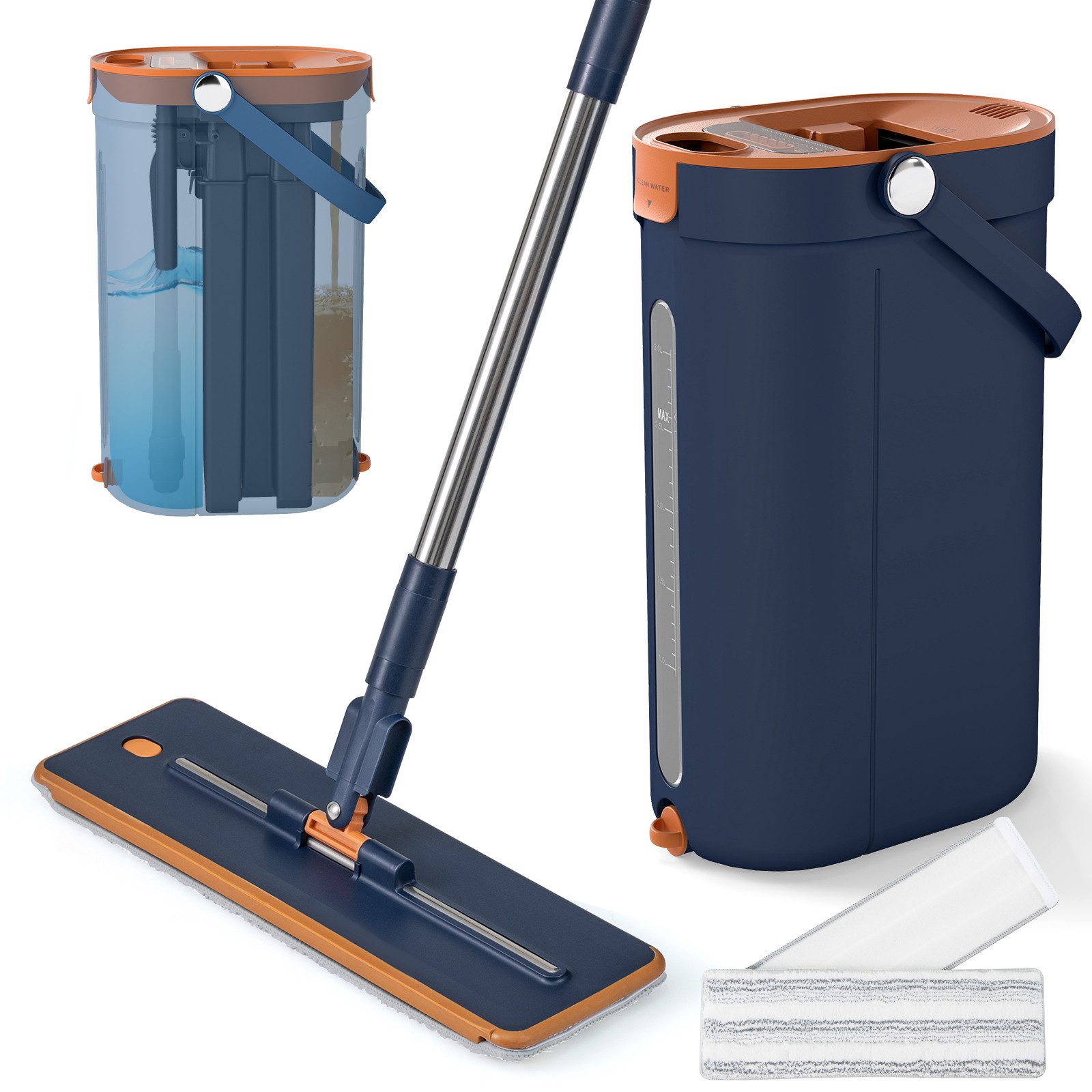 COSTWAY Wischmopp, 2,4L mit Auswringfunktion, 3-Kammer & 2 waschbaren Pads