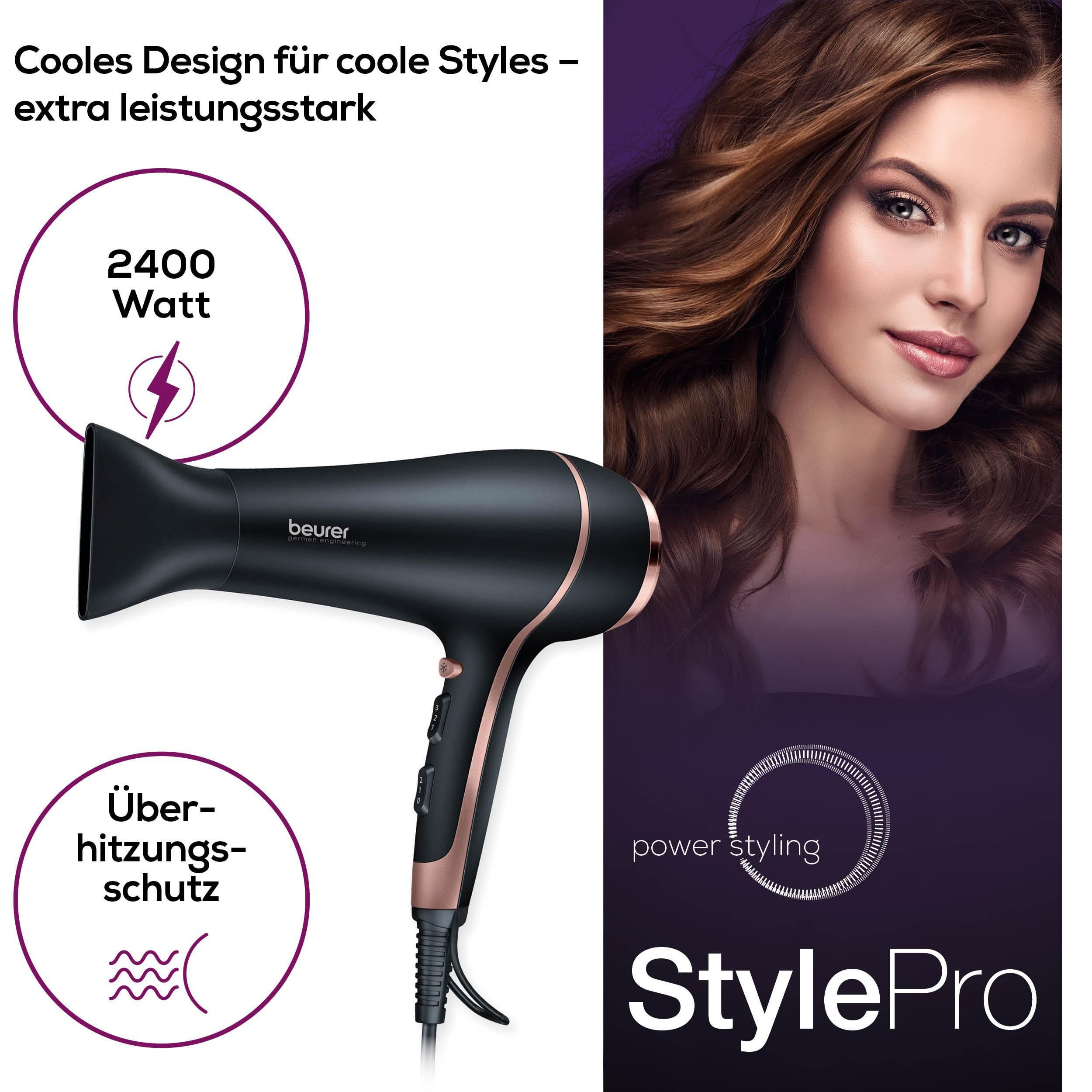 BEURER Haartrockner HC 30 hochwertig verchromter Föhn mit extra starker Leistung, 2200 W, Fixierung des Stylings dank Kaltluftstufe