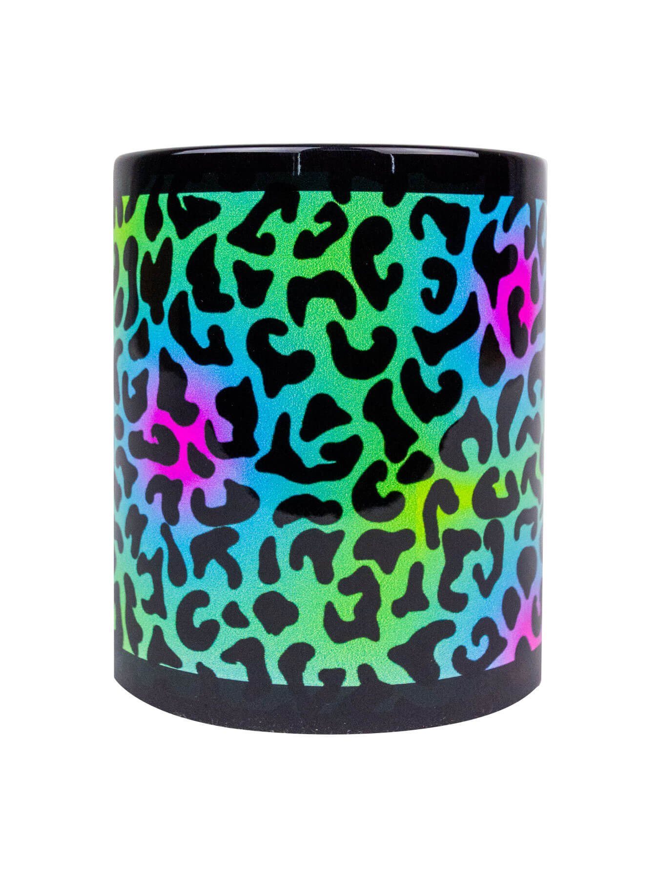 PSYWORK Tasse Print Fluo Neon Tasse "Animal Schwarzlicht UV-aktiv, Keramik, leuchtet unter Motiv Cup Leopard"