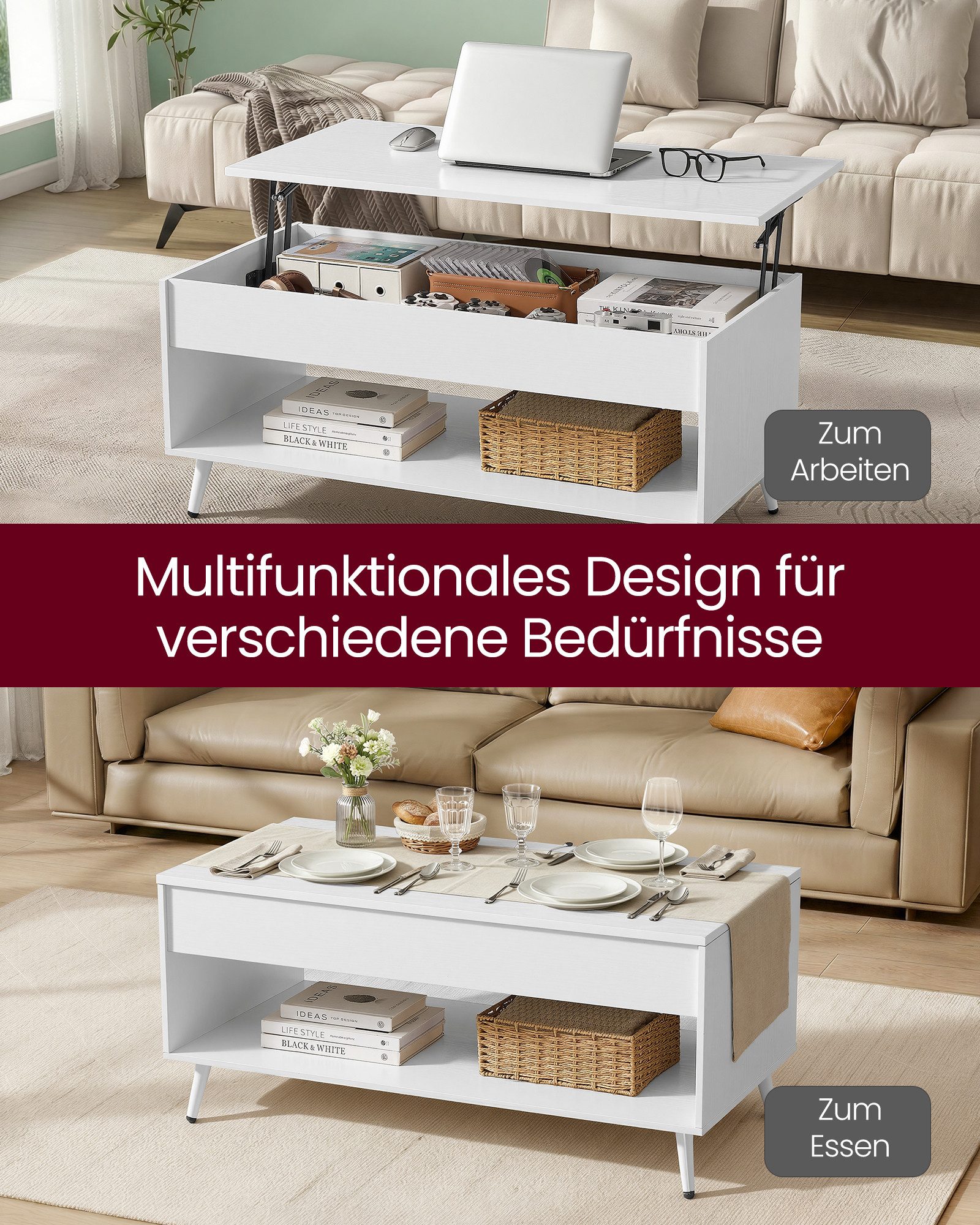 VASAGLE Couchtisch höhenverstellbarer Wohnzimmertisch, für Wohnzimmer, Homeoffice (inkl. Zubehörpaket & Anleitung, aufklappbar), Kaffeetisch, Gaszylinder, verst – Bild 4 von 5