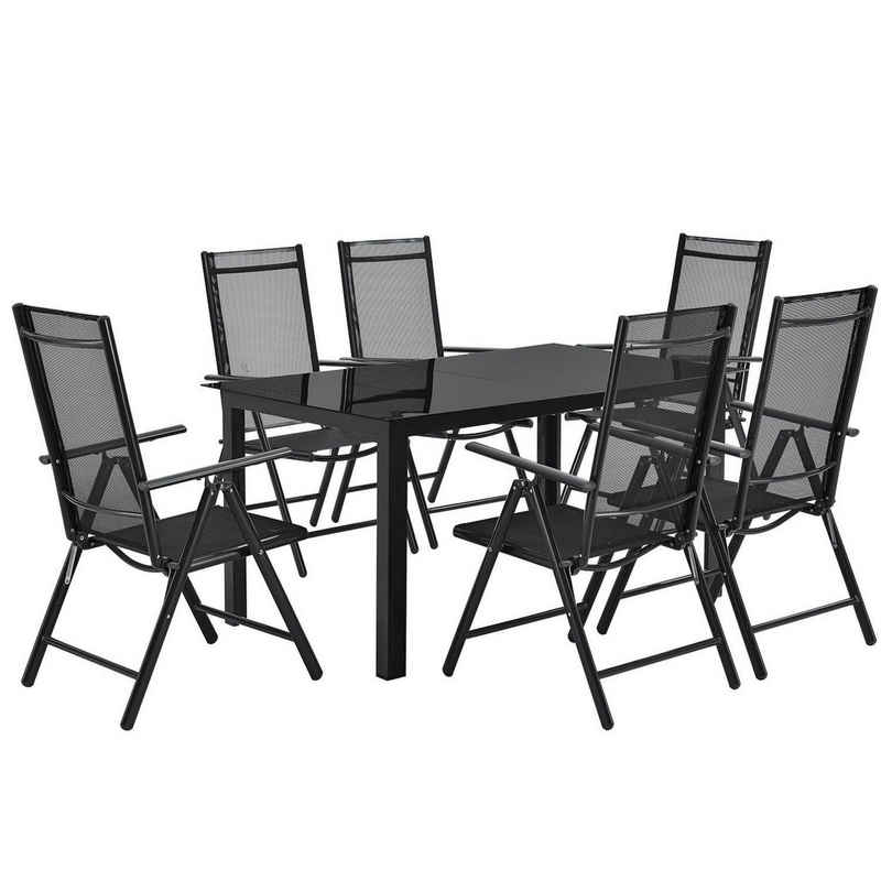 Juskys Garten-Essgruppe »Milano«, (Set, 7-tlg., Sitzgruppe), Gartenstühle 6er Set mit Tisch – Stühle klappbar & verstellbar – Gartenmöbel dunkelgrau-schwarz