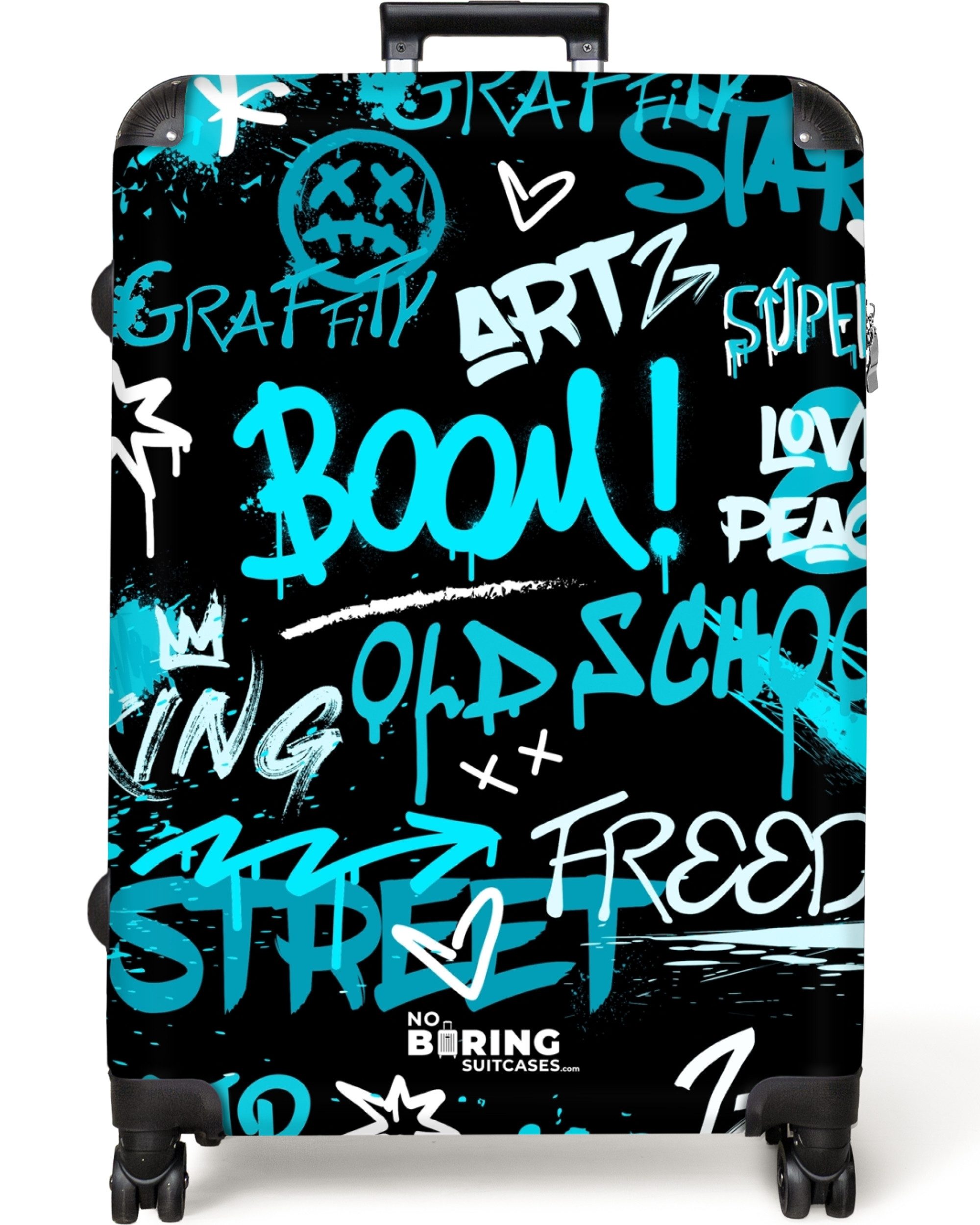 NoBoringSuitcases.com© Hartschalen-Trolley Straßenkunstwerk mit blauen Text günstig online kaufen