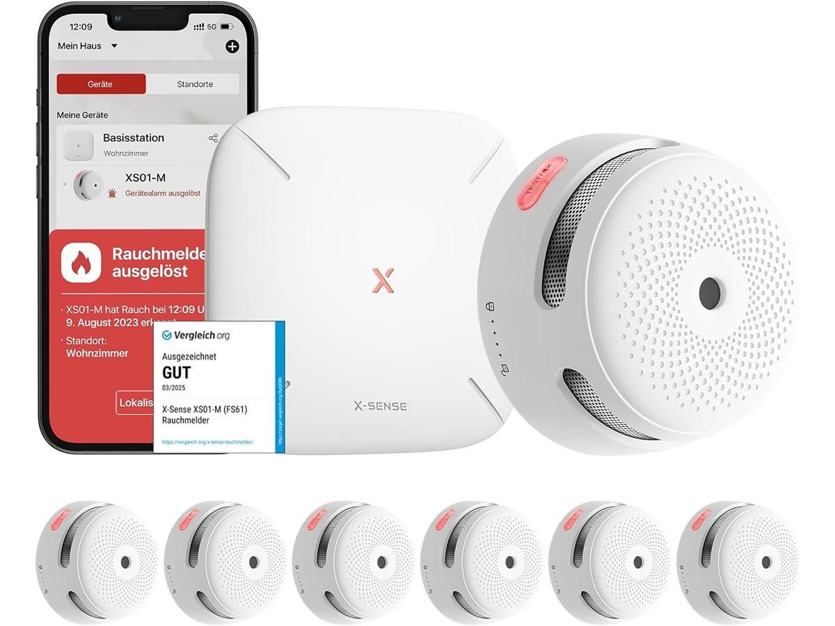 X-SENSE FS61, SBS50 Basisstation, 6x XS01-M Rauchmelder (WLAN-Rauchmelder, kompatibel mit FS31/FS61/FS121, SBS50 Basisstation)