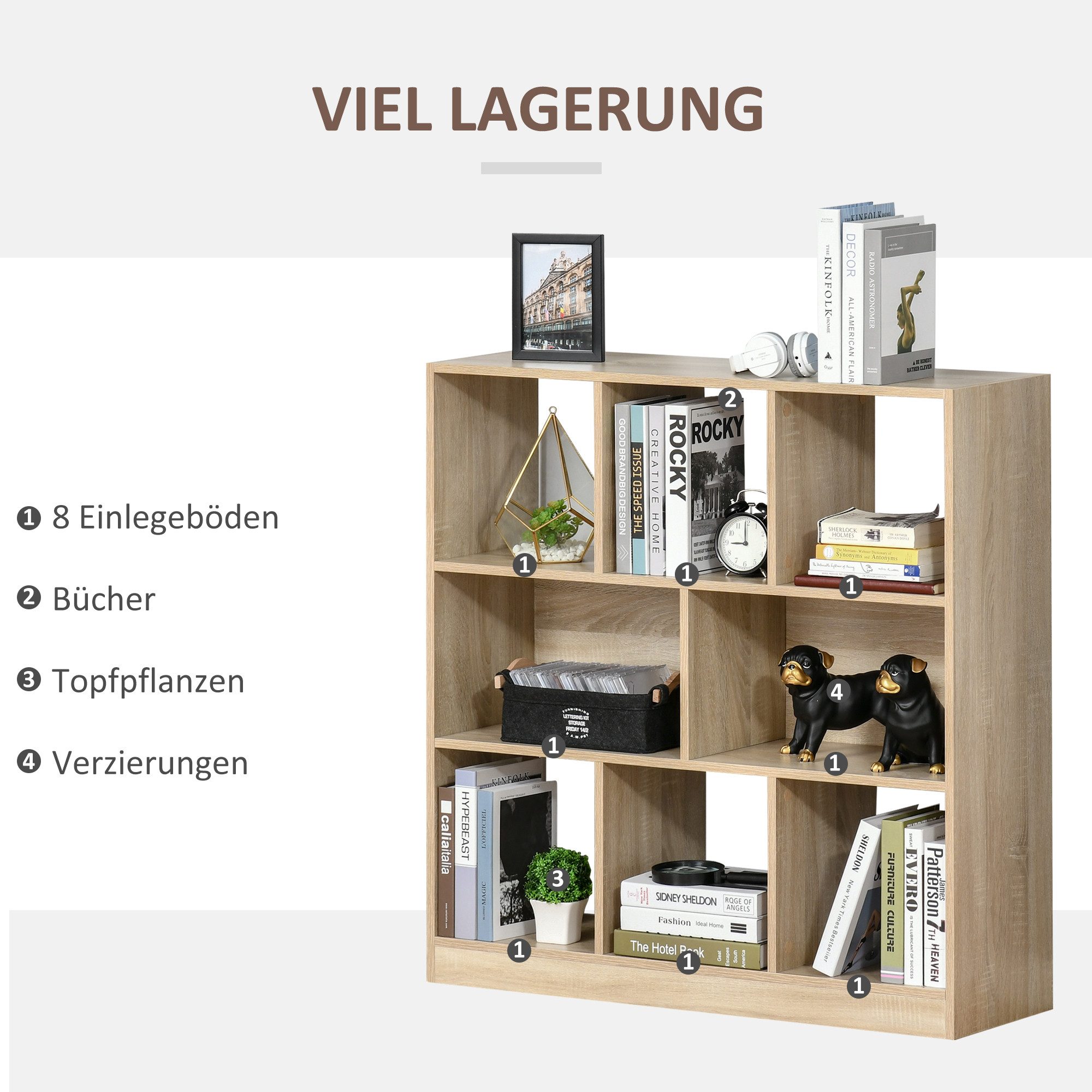HOMCOM Bücherregal Standregal mit 8 Fächern Würfelregal für Schlafzimmer, Büro, Büroregal 1-tlg., für Home-Office Wohnzimmer Natur 97,5 x 30 x 100 cm – Bild 5 von 5