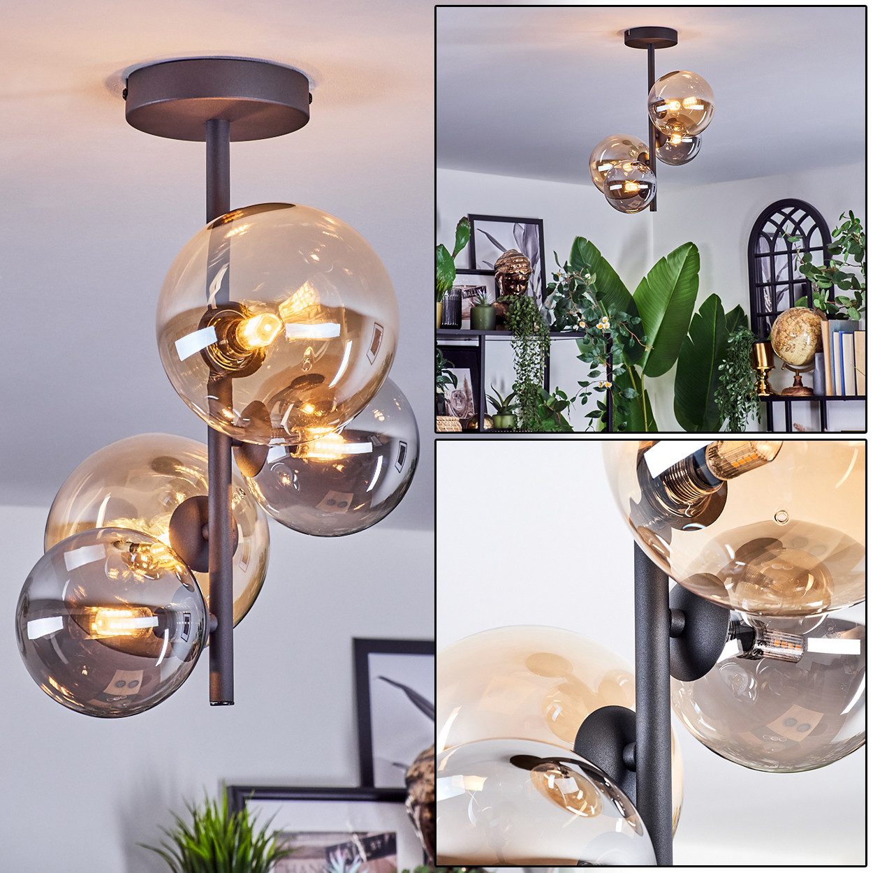 hofstein Deckenleuchte Deckenlampe aus Metall/Glas in Schwarz/Rauch/Bernstein, Deckenleuchte im modernen Vintage-Design (Schirme Ø 12; 15 cm), 4 x G9