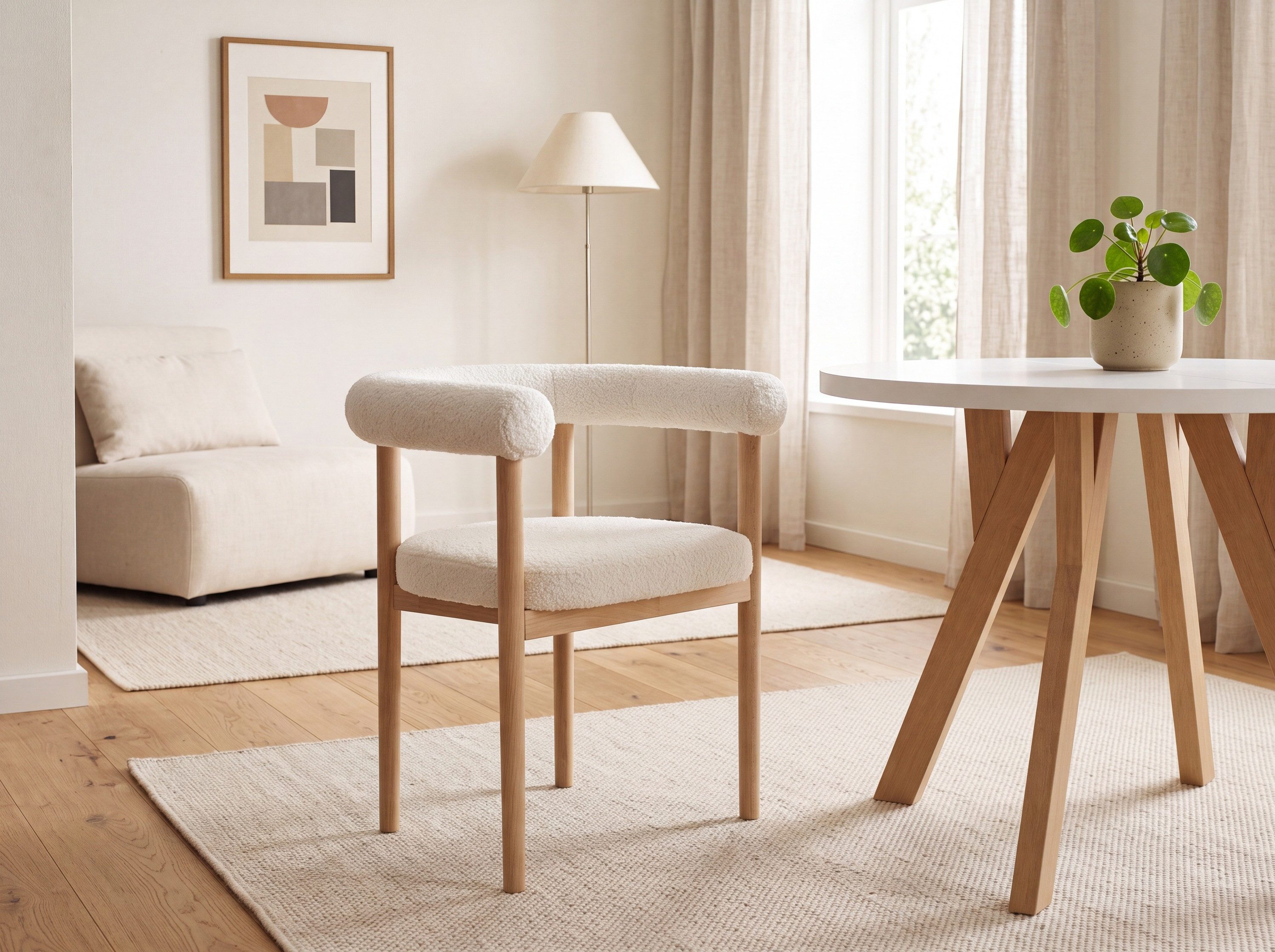 WFL GROUP Esszimmerstuhl Maya 2er Set Weiß Boucle Polsterstuhl mit massivem Buchenholzgestell (MADE IN EU), Armlehnstuhl, Scandi-Japandi Stil, fertig montiert, Made in EU