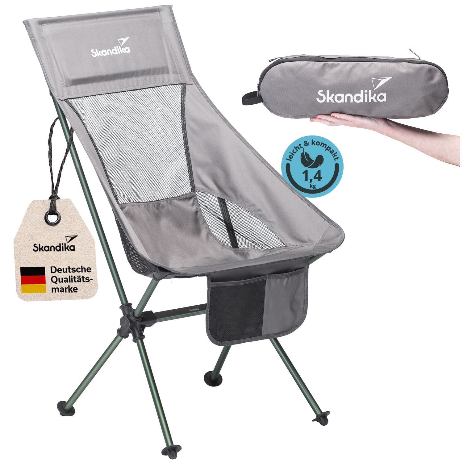 Skandika Campingstuhl Compact, Klappstuhl, Gartenstuhl, Faltstuhl, Outdoor, Balkon (Organizer-Tasche, Cool-Mesh-Einsätze, Kunststofffüße mit Schutztellern), bis 150 kg, klein, leicht, Anglerstuhl, stabil, gepolstert, Camping