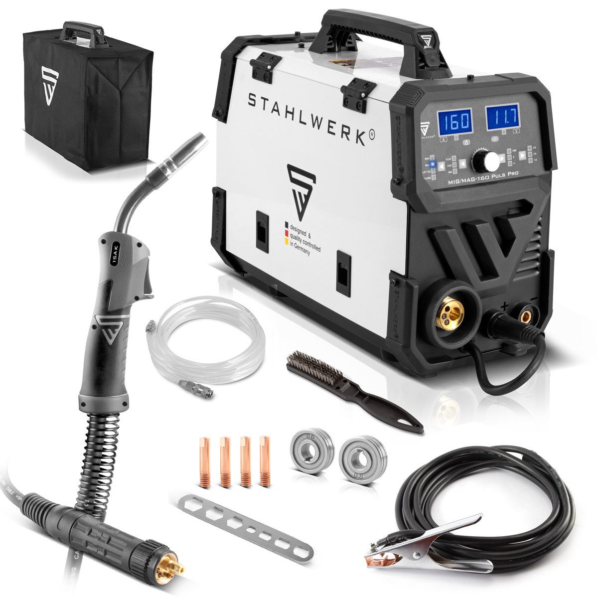 STAHLWERK Inverterschweißgerät MIG MAG 160 Puls Pro IGBT Schutzgas Schweißgerät, 20 - 160 A, Set, 8-tlg., Pro IGBT Vollsynergisches 5 in 1 Kombigerät mit echten 160 Ampere