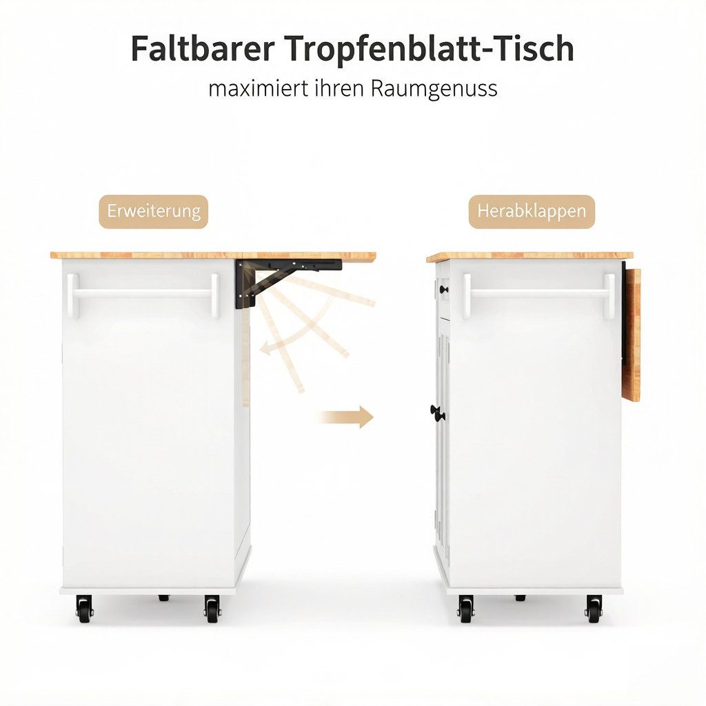 Blishom Küchenwagen Kücheninsel mit Rollen, Klappplatte, 130×75×88 cm, mit Schublade, Gewürzregal und feststellbaren Rollen