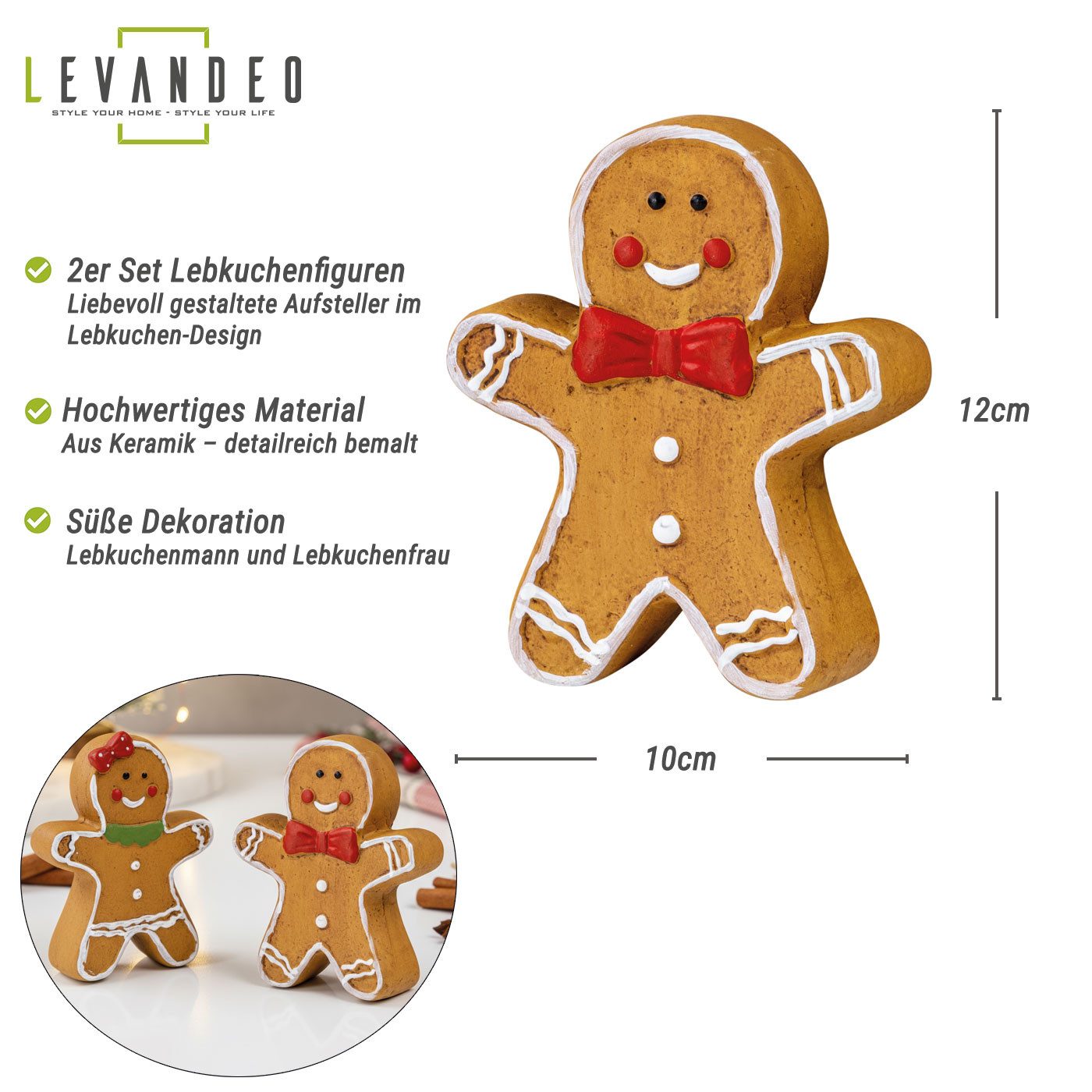 Levandeo® Weihnachtsfigur, 2er Set Lebkuchen Deko Keramik Figur Braun Weihn günstig online kaufen