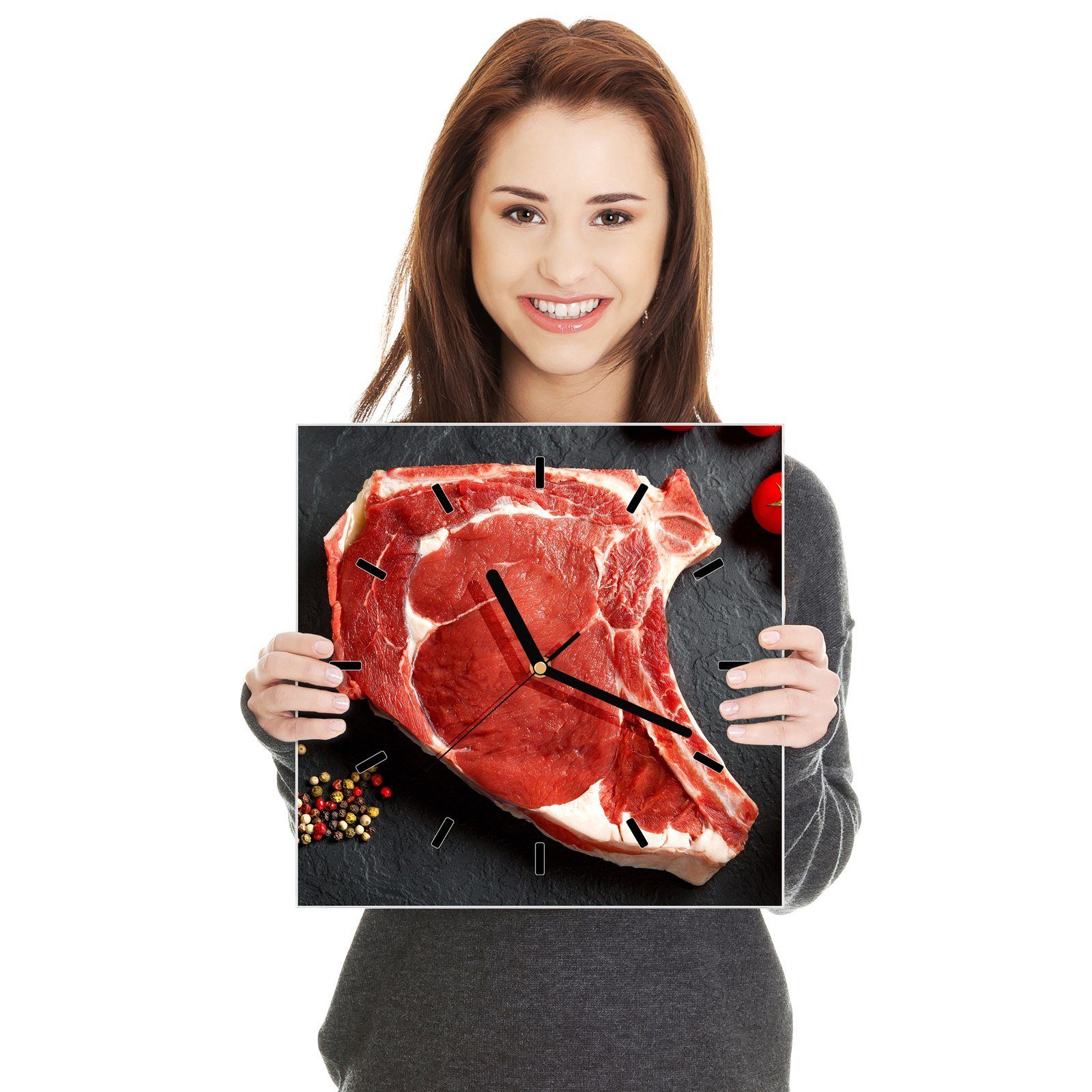 Primedeco Wanduhr Glasuhr Wanduhr x Steak Wandkunst 30 mit Rohes Größe cm 30 Motiv
