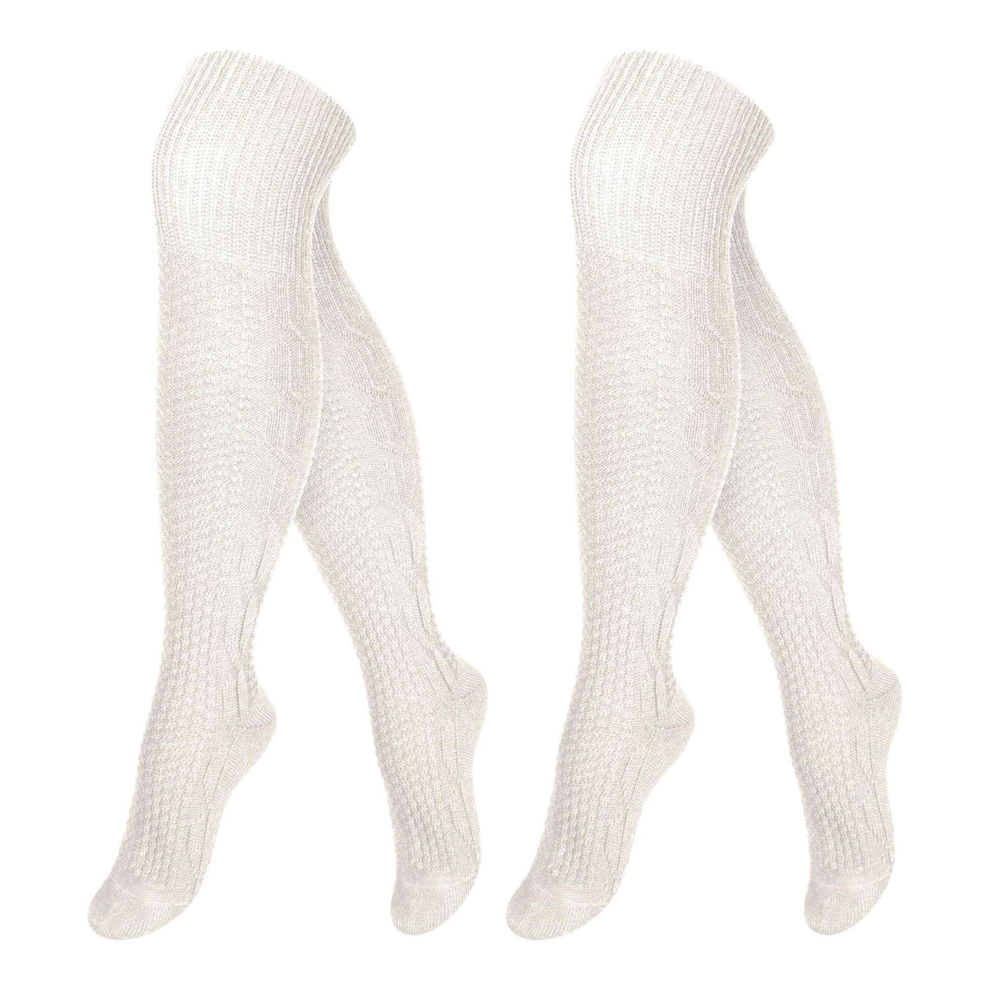 Black Snake Trachtensocken lange Kniestrümpfe mit Wolle und Strickmuster für Damen und Herren (Socken-Set, 2-Paar, Wollweiß 35/38) Wandersocken mit Umschlagbund zu Lederhose und Dirndl fürs Oktoberfest