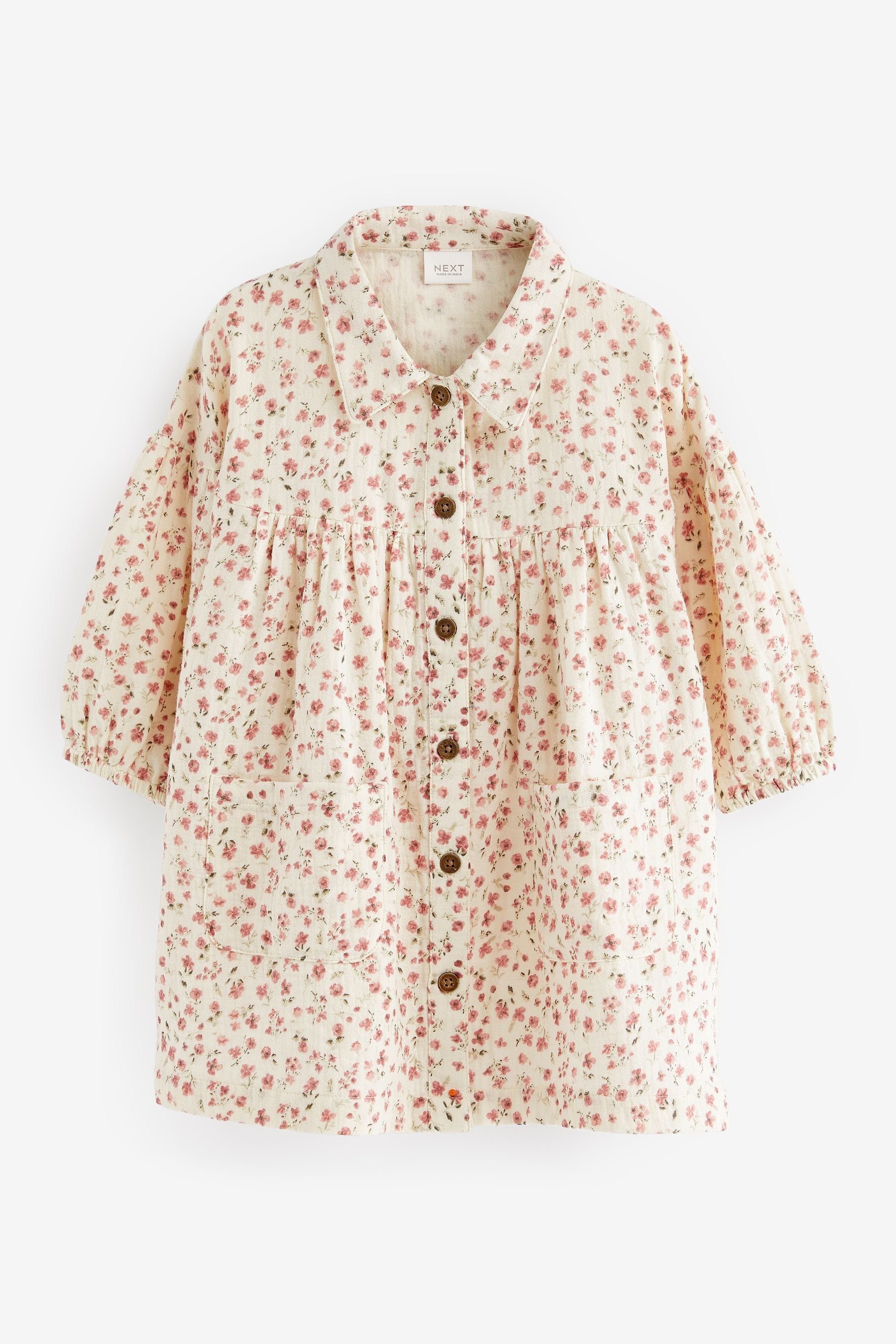 Next Blusenkleid Hemdkleid aus Baumwolle (1-tlg) Ivory/Pink Ditsy | Blusenkleider