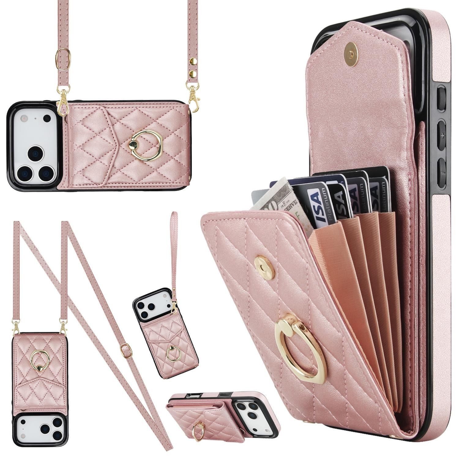Wigento Handyhülle Für Apple iPhone 17 Pro Crossbody Kunstleder Rhombic Hülle Rose Gold, Mit Kartenfächern, RFID-Schutz, Gurt