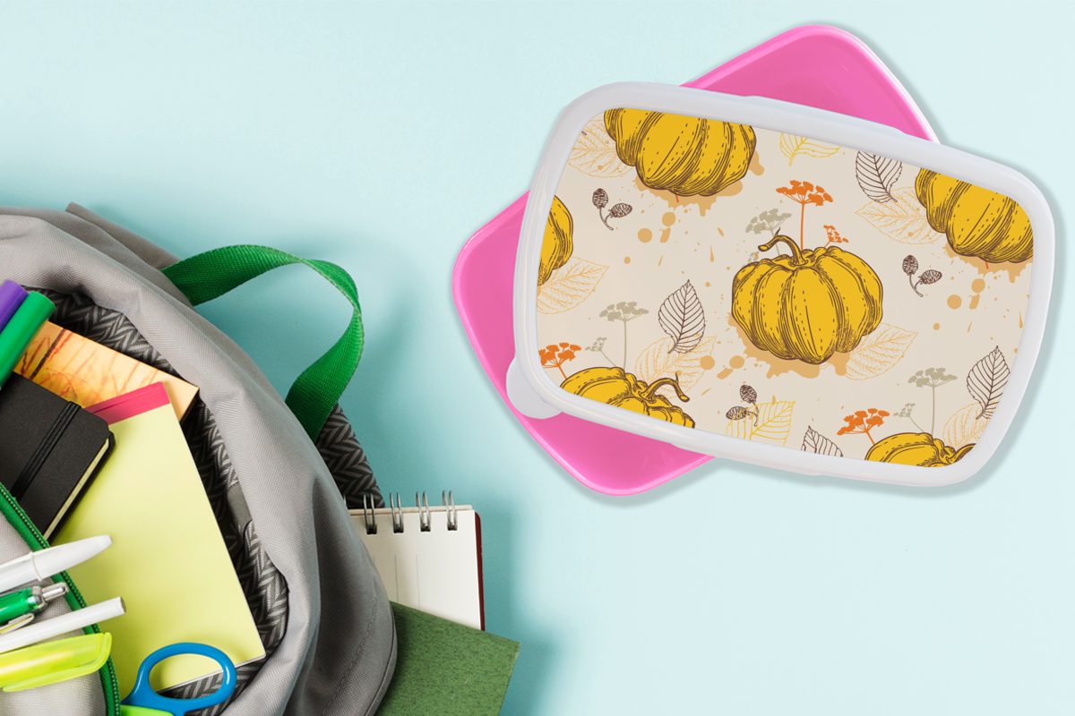 Lunchbox Kunststoff, Herbst (2-tlg), rosa Snackbox, für Kürbis Kunststoff - Erwachsene, Kinder, MuchoWow Muster, Brotdose Mädchen, Brotbox -