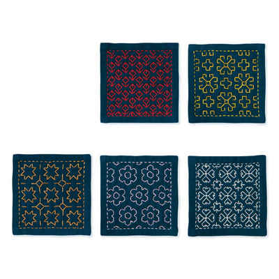 Olympus Thread Kreativset Olympus Hitomezashi Sashiko Stickpackung "Untersetzer I Marineblau, 5, (embroidery kit by Marussia)