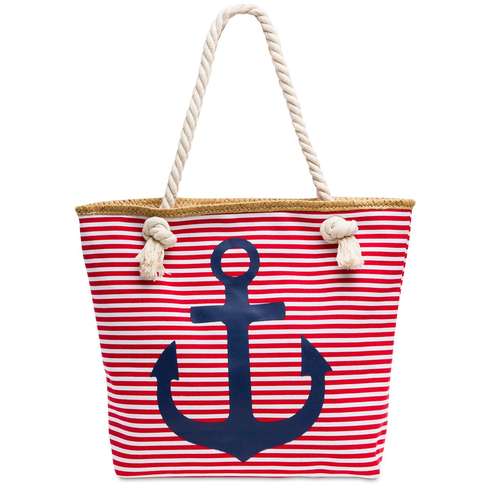 Caspar Strandtasche TS1040 Damen Strandtasche / Shopper mit Reißverschluss und maritimen Streifen ANKER Muster rot - dunkelblau