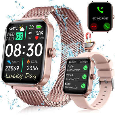 KUGI Smartwatch Damen Herren mit Telefonfunktion, 1.9" Zoll Smartwatch Touchscreen Fitnessuhr,IP67 Wasserdicht Smart Watch mit schrittzähler Pulsmesser Schlafmonitor, (Android 8 und höher)IOS(IOS13 oder höher)Zwei verschiedene Riemen