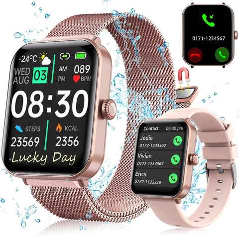 KUGI Smartwatch Damen Herren mit Telefonfunktion, 1.9" Zoll Smartwatch Touchscreen Fitnessuhr,IP67 Wasserdicht Smart Watch mit schrittzähler Pulsmesser Schlafmonitor, (Android 8 und höher)IOS(IOS13 oder höher)Zwei verschiedene Riemen