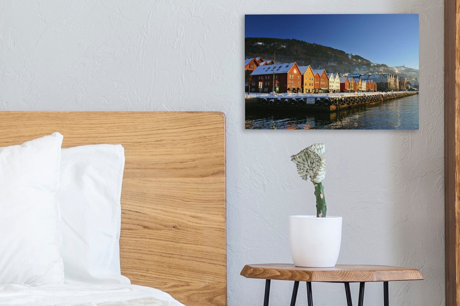 Norwegen, Aufhängefertig, (1 Bryggen Wandbild in OneMillionCanvasses® 30x20 Leinwandbild Leinwandbilder, St), Wanddeko, Verschneites cm