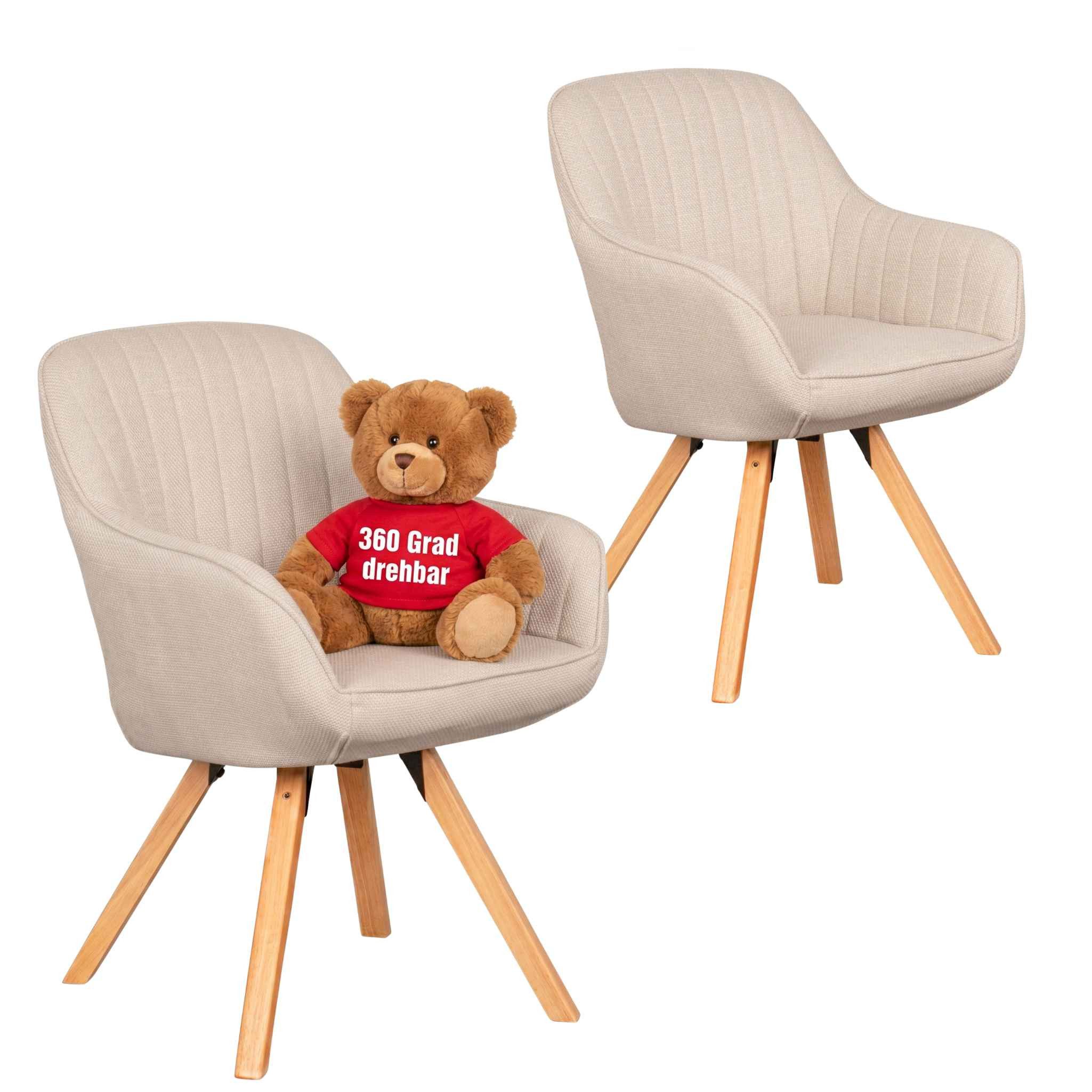MR.DEKO Esszimmerstuhl 2er Set Matera beige drehbar mit Armlehnen FSC®-zertifiziert (einzelnd, oder als Set erhältich für Küche und Esszimmer, 2 St), 360° Drehfunktion, stabile FSC® 100% Holzbeine, weiche Polsterung