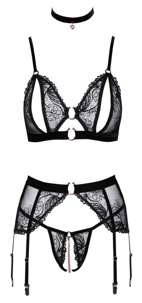 Abierta Fina Set: Bügelloser BH Dessous-Set: BH, Strapsgürtel & String transparent ouvert - schwarz (4-tlg) aufwendig bestickt und mit kleinen Pailletten verziert