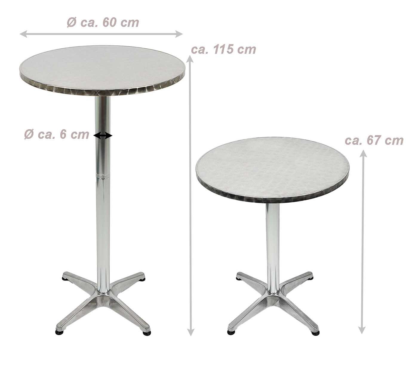 Bubble-Store Bistrotisch Bistro Stehtisch (Alu Fußkreuz, Tischplatte aus Edelstahl, Tisch 2 Höhen einstellbar 67 / 115 cm), Tisch klappbar, Tischplatte Ø 60 cm