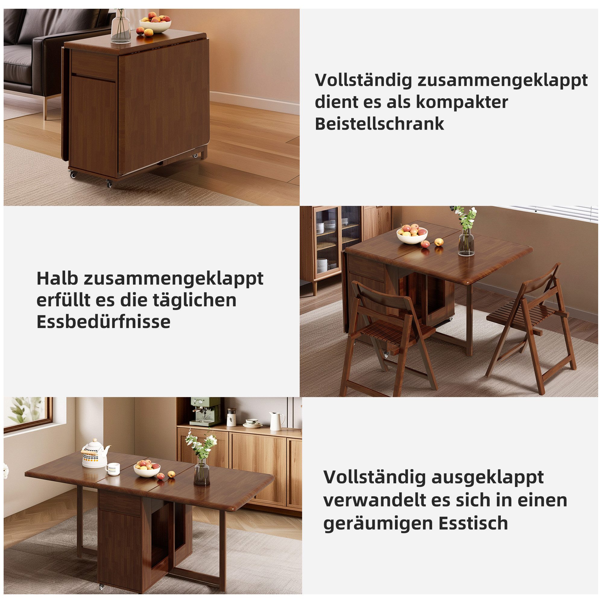 oleyluckidea Esstisch klappbar Massivholz Klapptisch 130 cm mit Stauraum & Rollen Nussbaum (0-St., ein Esstisch), Breite 13Ocm