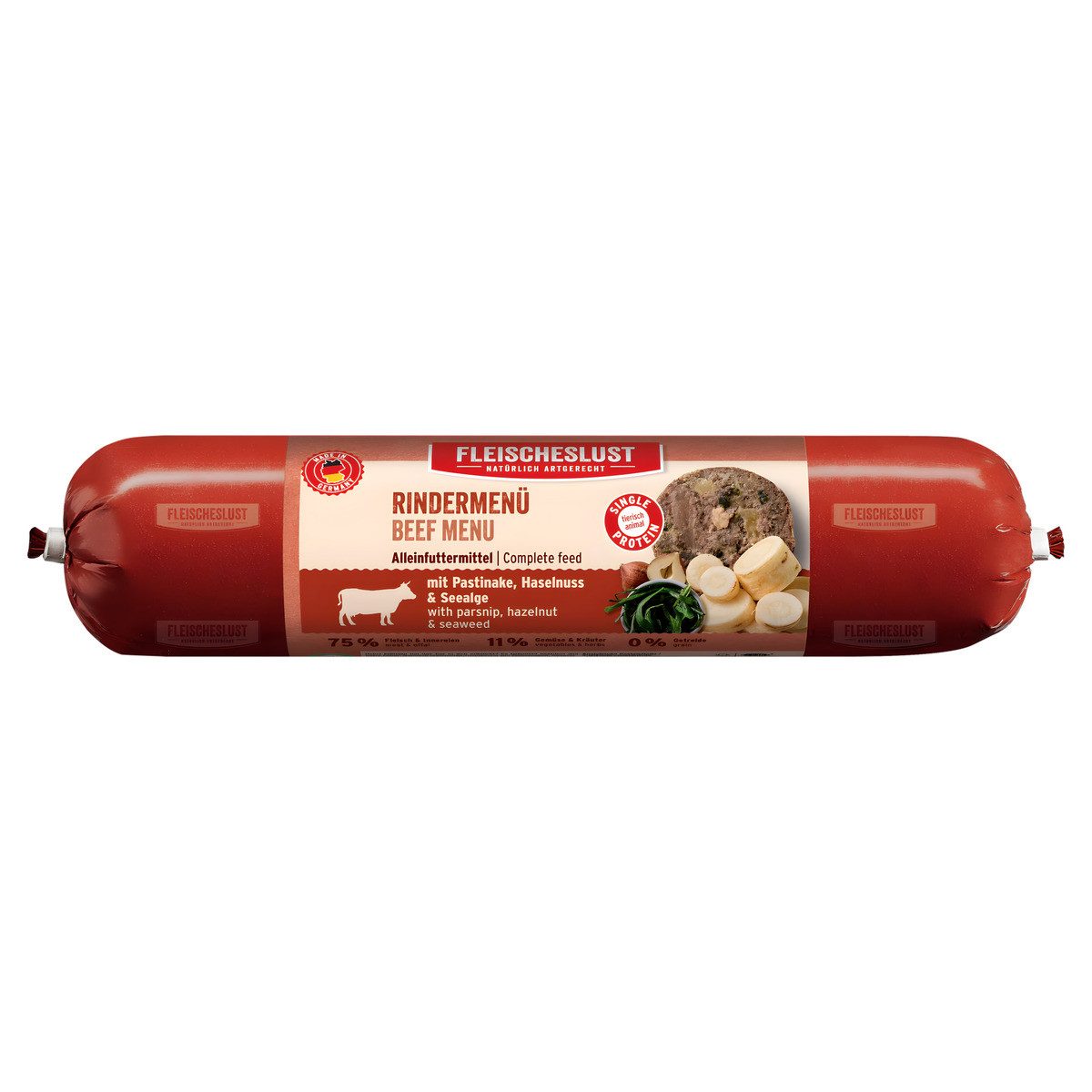 Fleischeslust Classic Rindermenü mit Pastinake, Haselnuss & Seealge 800 g, Nassfutter für: Hund