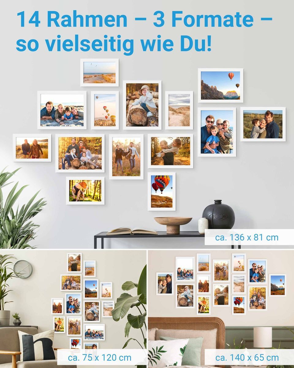 PHOTOLINI Bilderrahmen Sets in verschiedenen Formaten, MDF Holz, Acrylglas & Zubehör, für 14 Bilder (14er Set), Posterrahmen 14er Set No.2 zum Aufhängen oder Aufstellen