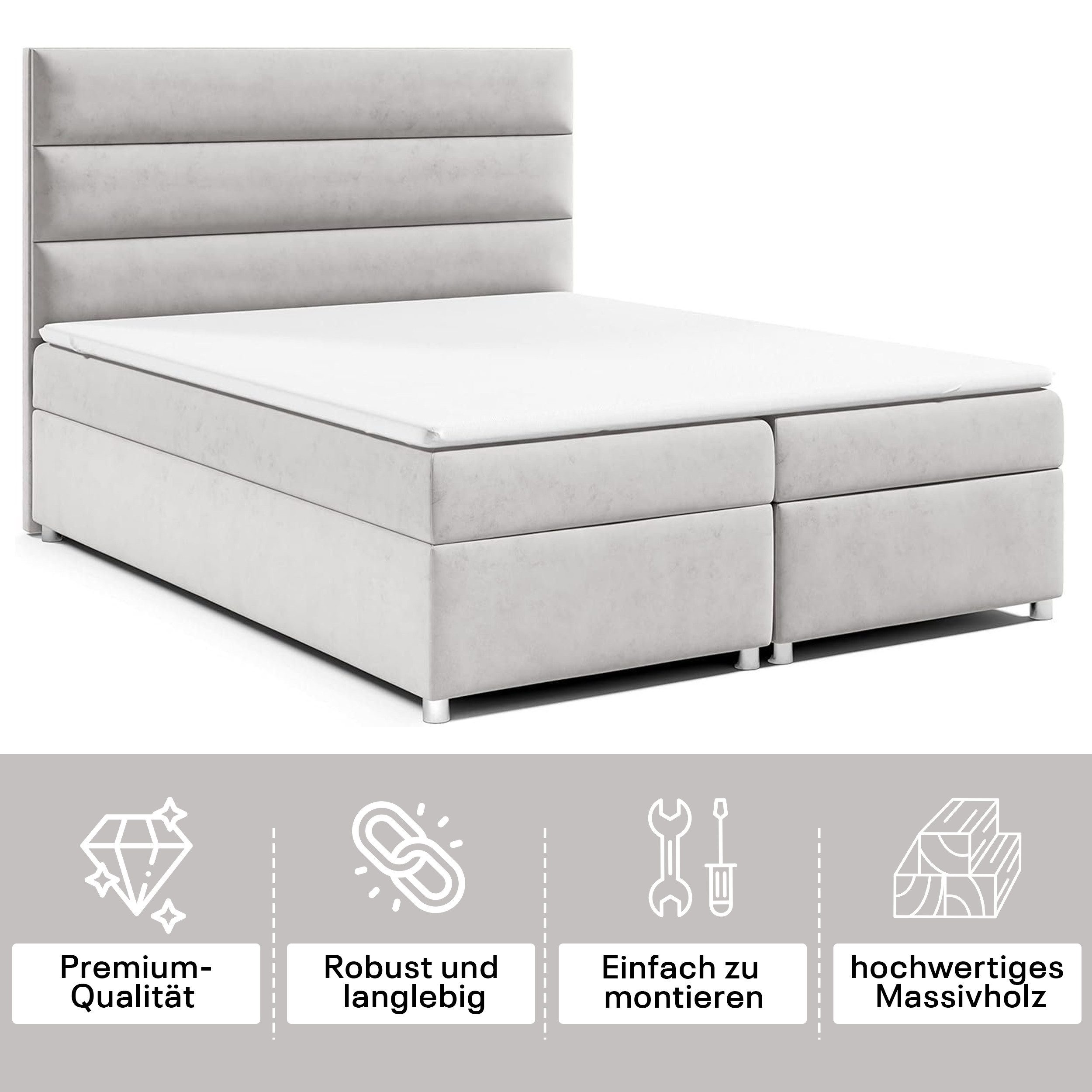 Best for Home Boxspringbett Trinity K-1 LUX – Modern Boxspringbett mit Stauraum & Komfort (Boxspringbett-Set, 1-St., Komplettes Boxspringbett-Set inklusive Matratze und Topper), Ergonomischer Schlafkomfort, großer Stauraum