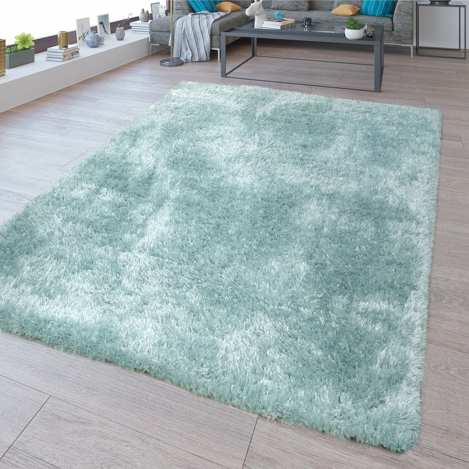 Hochflor-Teppich Waschbarer Hochflor Teppich Shaggy Flokati Look In Uni Türkis, TT Home, rechteckig, Höhe: 44 mm