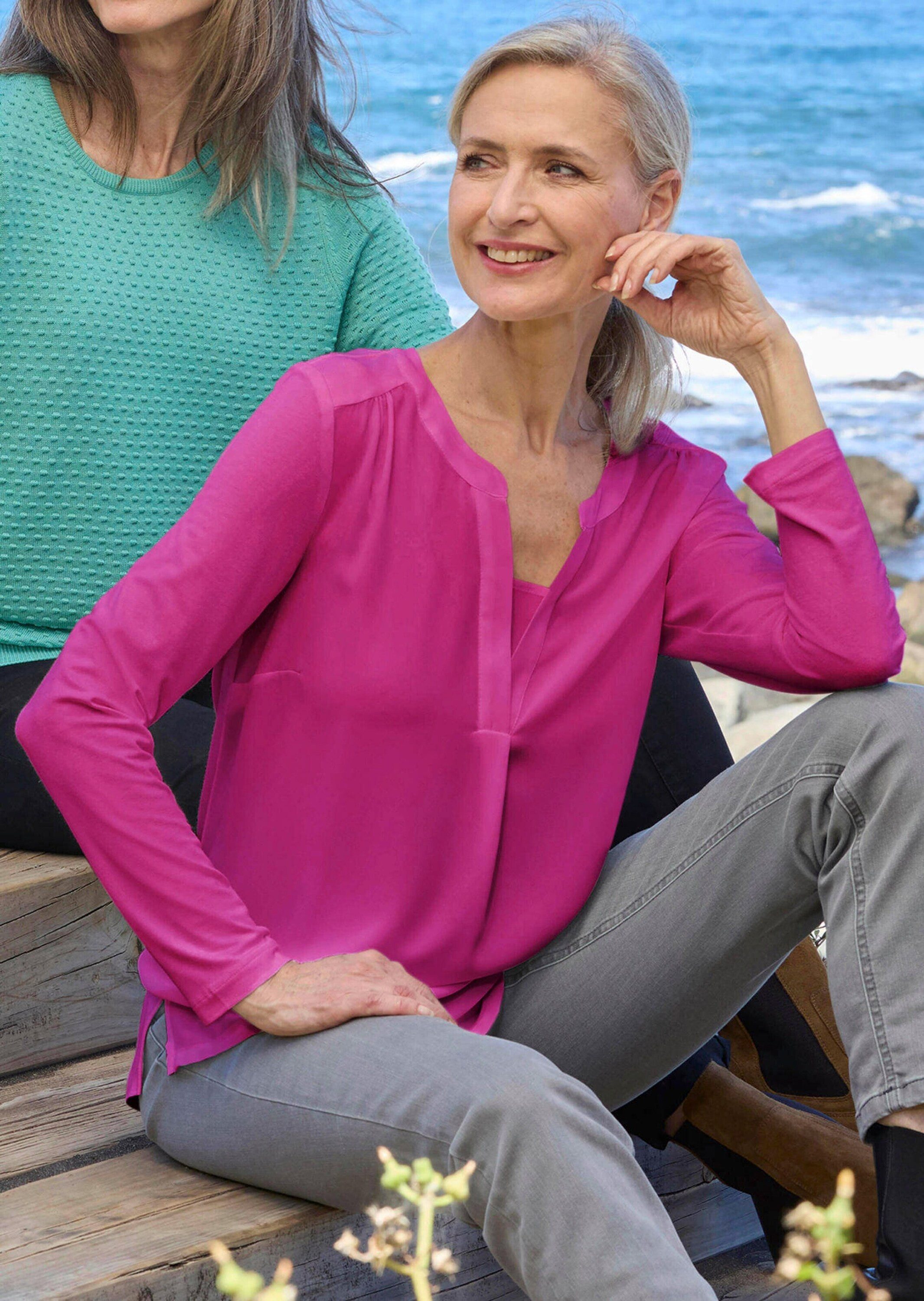 GOLDNER Shirtbluse Elegantes Chiffonshirt mit Jersey-Details Langarmshirt mit Rundhals und V-Schlitz und langen Ärmeln