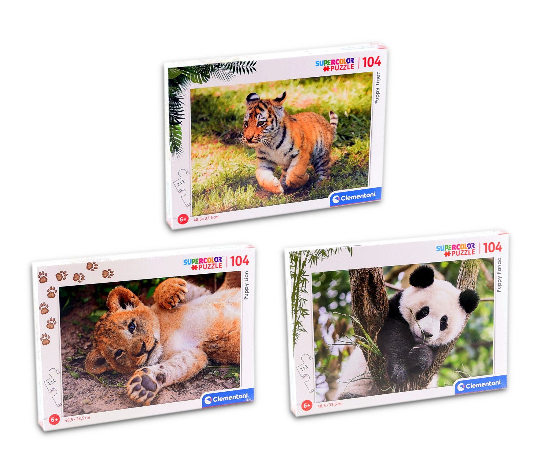 Clementoni® Puzzle Supercolor Puzzle - 3er Set 104 Teile - Puppy (Tiger, Löwe, Panda), Puzzleteile, 3x 104 Teile