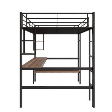 Flieks Hochbett Kinderbett Metallbett Etagenbett mit Schreibtisch und Regalen 90x200cm