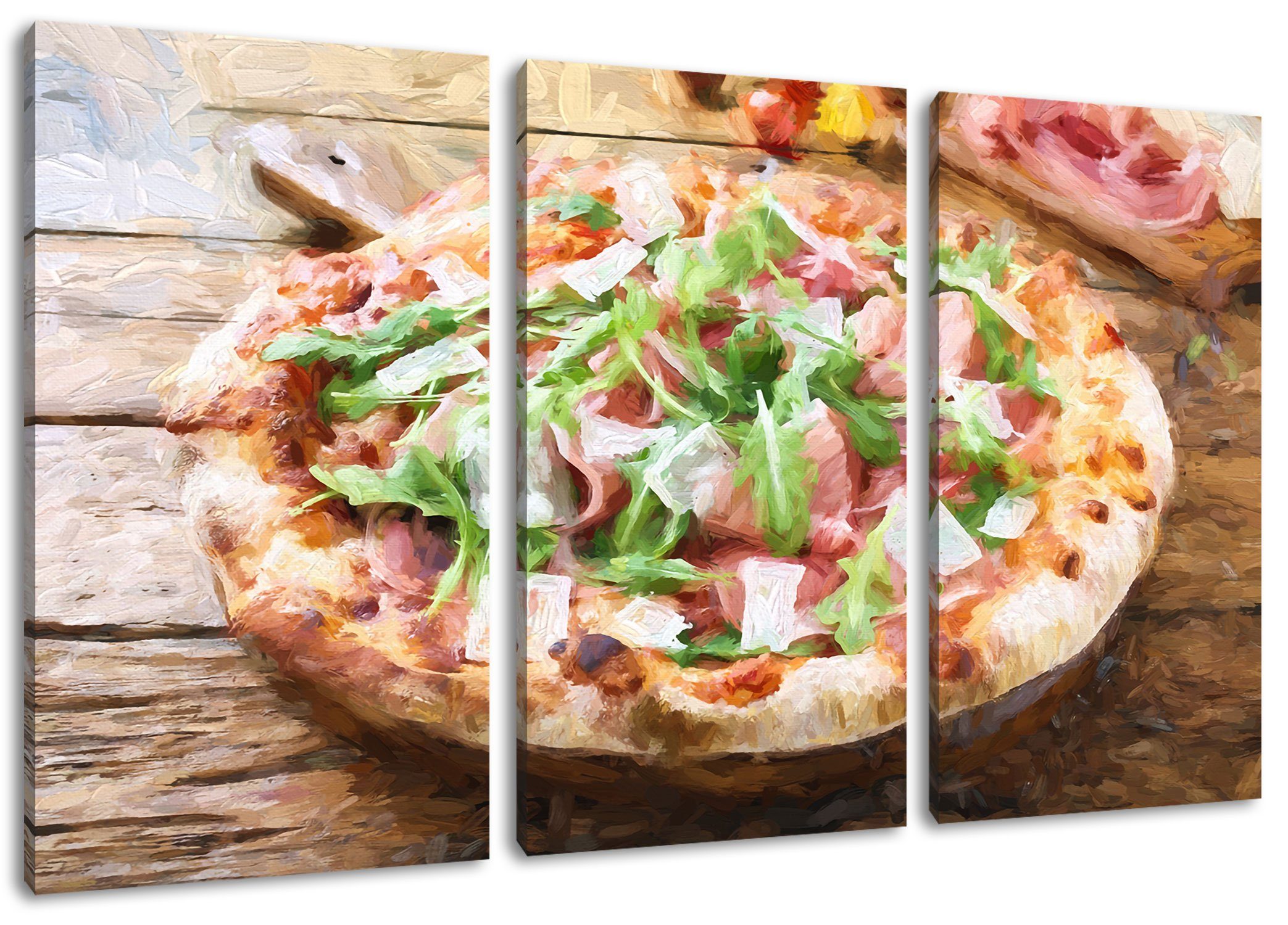 Pixxprint Leinwandbild Prosciutto Pizza inkl. (1 Zackenaufhänger St), auf Prosciutto bespannt, (120x80cm) auf fertig Holztisch, Leinwandbild 3Teiler Pizza Holztisch