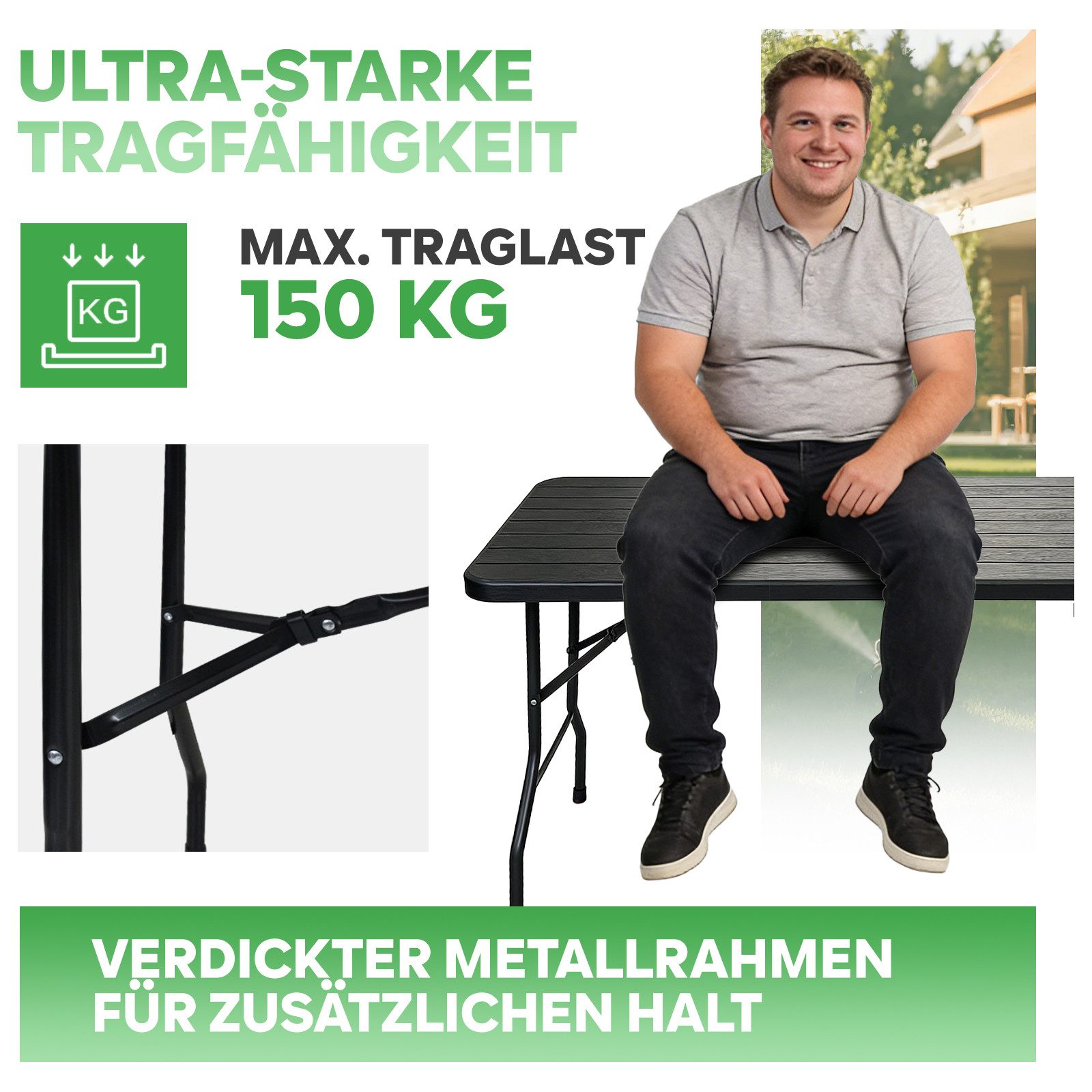 Eiryss Klapptisch 180x74 cm Tragbar Klappbar Gartentisch, Bis 150 kg, für 8-10 Personen (1), Campingtisch Partytisch Buffettisch, Witterungsbeständig – Bild 3 von 5