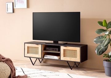 Wohnling Lowboard WL6.795 (Mango Massivholz / Rattan 120x44x35 cm, zwei Türen), TV-Schrank mit Stauraum, Fernsehkommode Modern