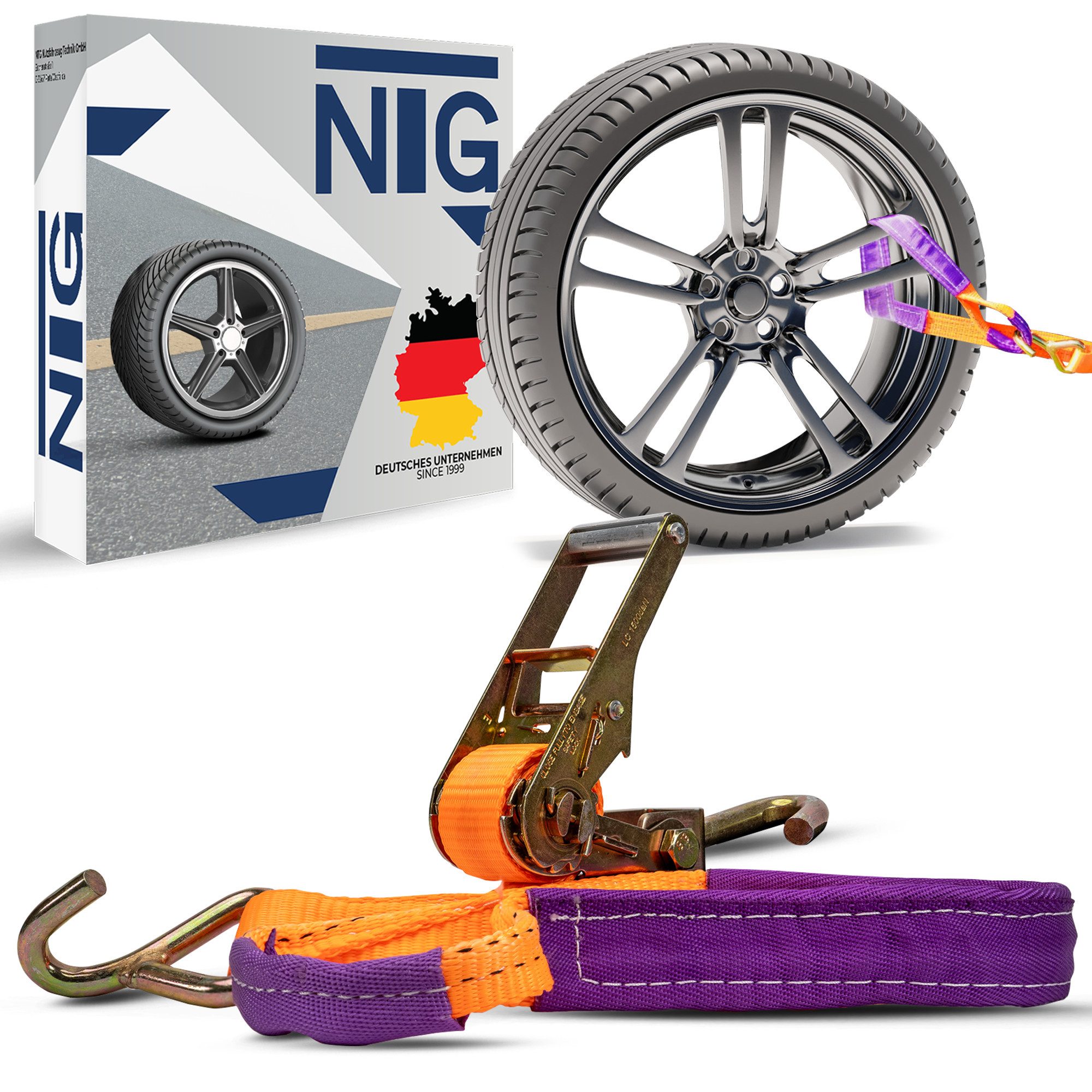 NTG Nutzfahrzeug Technik GmbH Spanngurt Zurrgurt Autotransport 1 Stück Set PKW Radsicherung Gurt Auto NTG (1-St) NACH DIN EN 12195-2