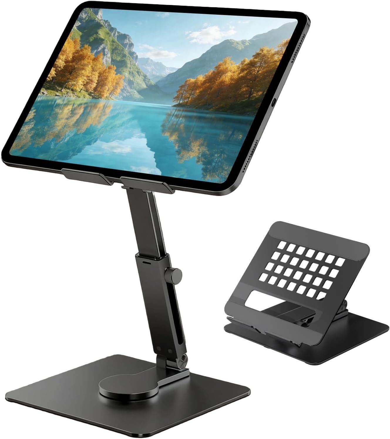 POCOJAO Tablet-Ständer iPad Tablet Ständer 360° drehbar höhenverstellbar Aluminium, (bis 16,5 Zoll, Faltbarer Tablet- und Smartphone-Ständer für Schreibtisch und Reise, Faltbarer Aluminium-Tablet-Ständer mit 360° Drehfunktion Verstellung, 360° drehbar; höhenverstellbar; neigbar; faltbar; rutschhemmend)