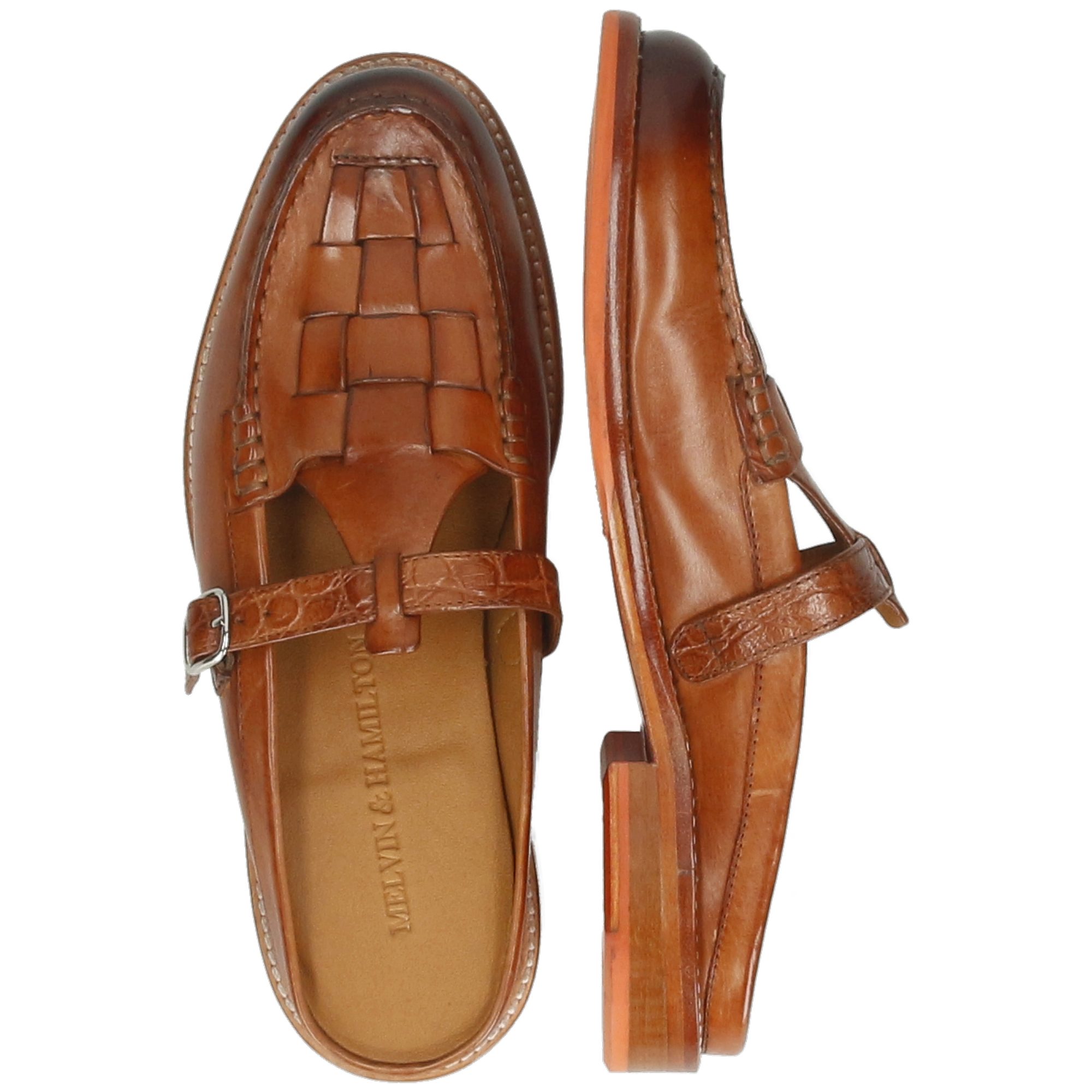 Melvin & Hamilton Gianna 7 Leder-Pantoletten für Damen Pantolette Flache Absätze, Vegetabile Gerbung, Von Hand geflochten