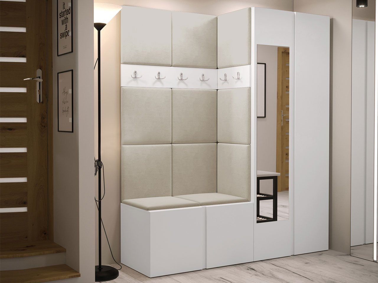 MIRJAN24 Garderoben-Set Orion XII, (Komplett-Set, Schrank, Schrank mit Spiegel, 2x Kleiderhaken, Paneel 11x 42x42), Auswahl aus Fronten und Polsterplatten