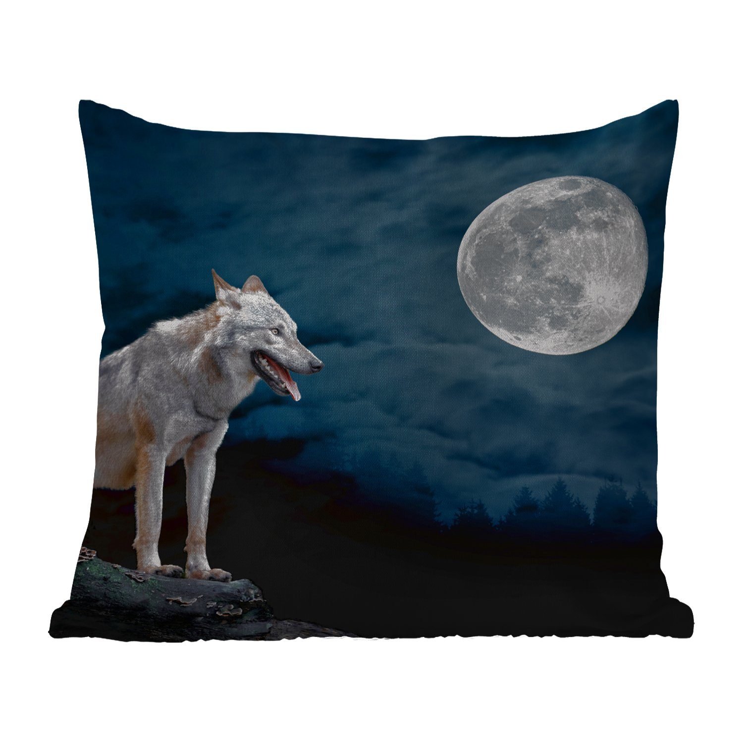 MuchoWow Dekokissen Wolf - Mond - Nacht - Tiere - Porträt, Kissenbezüge, Kissenhülle, Dekokissen, Dekokissenbezug, Outdoor