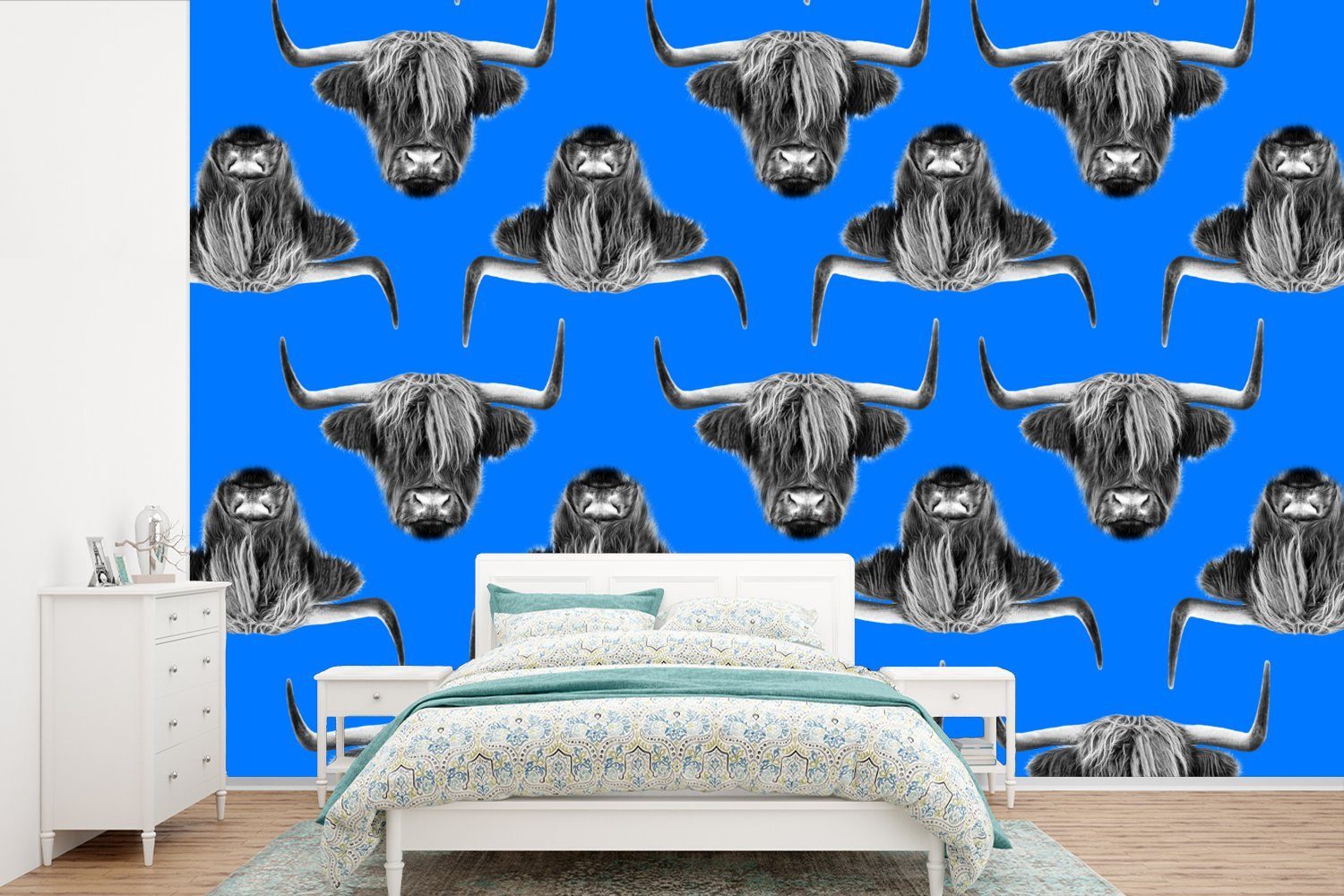 MuchoWow Fototapete Schottischer Highlander - Muster - Blau, Matt, bedruckt, (6 St), Wallpaper für Wohnzimmer, Schlafzimmer, Kinderzimmer, Vinyl Tapete