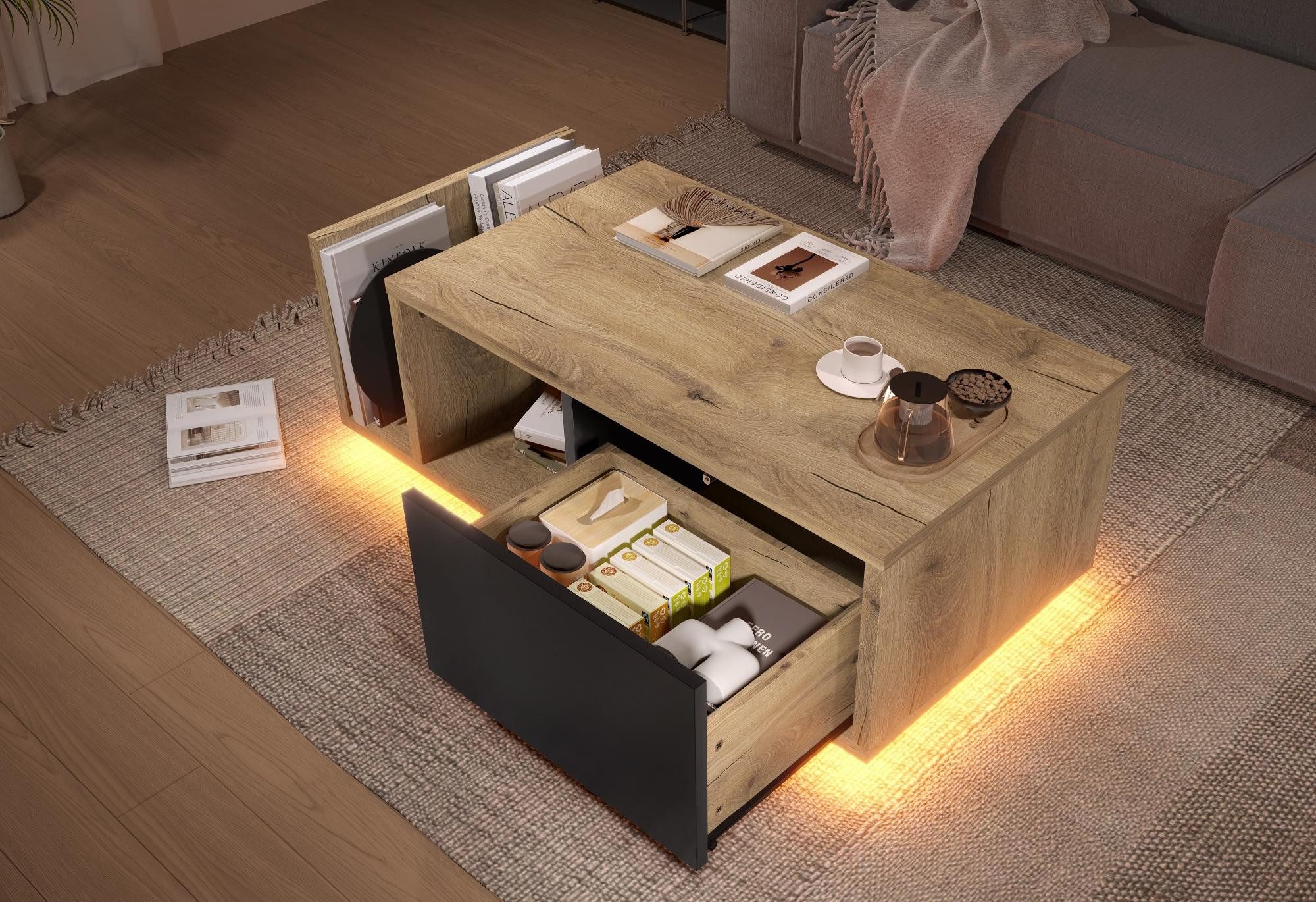 LVHOM Couchtisch Retro Sideboard mit LED & Cleverem Stauraum // Holz-Metall günstig online kaufen