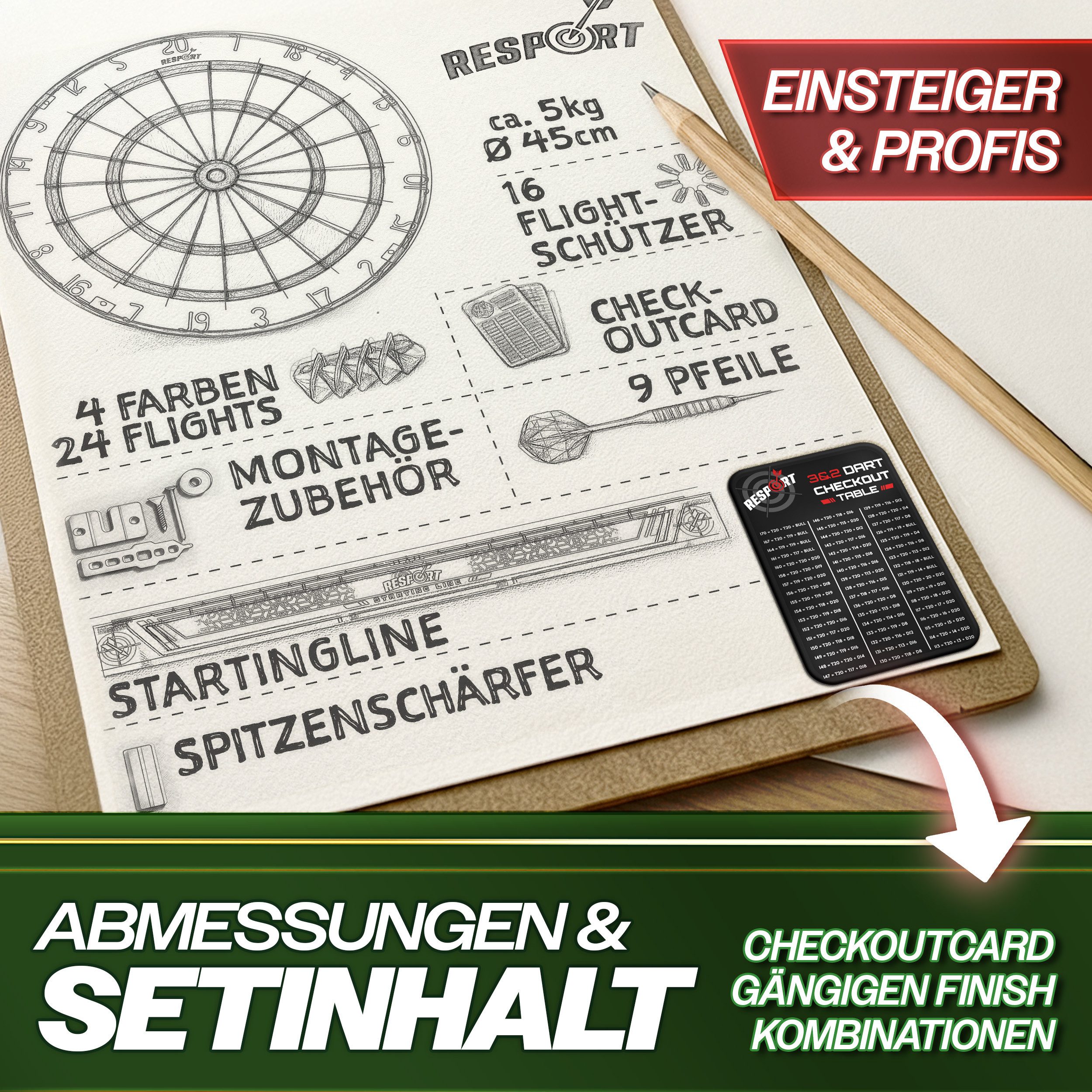 RE:SPORT Dartscheibe RE:SPORT® Steel Dartscheibe mit 9 darts 24 flights, (inkl. Montageset Steeldartscheibe mit Pfeilen, Steeldart aus hochwertigstem Sisal Dartboard), XXL Set mit 9 Profi Dartpfeile + 24 Pro Flights